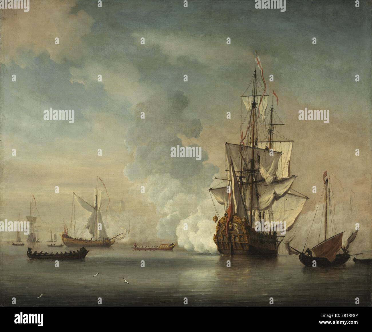 Navire de guerre anglais tirant un salut, peinture à l'huile du peintre hollandais Willem van de Velde 1690 Banque D'Images