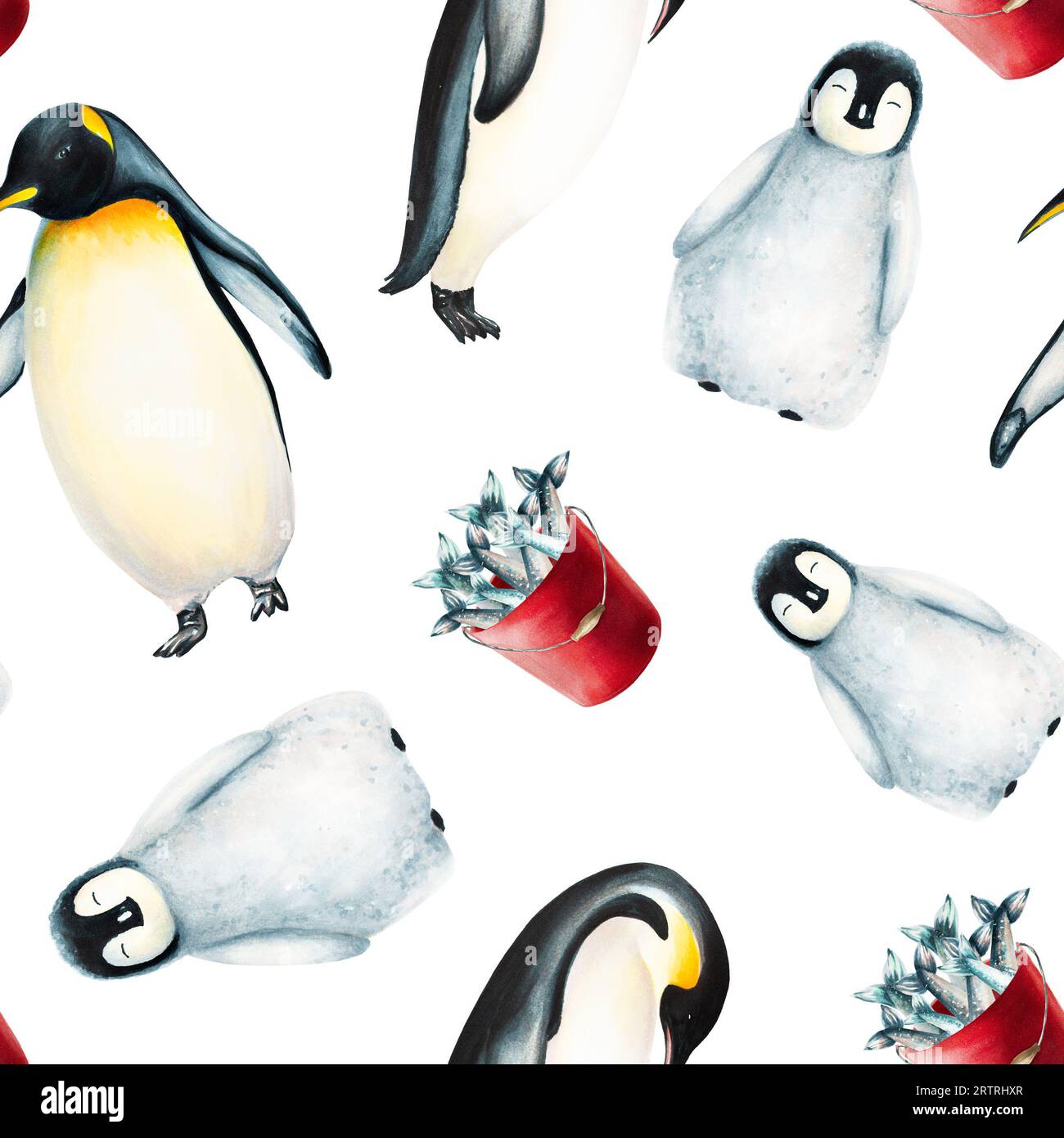 Aquarelle hiver illustration de modèle sans couture d'un roi pingouins et seau rouge plein de poissons isolés. Peinture à la main réaliste Arctique et Antarctique Banque D'Images