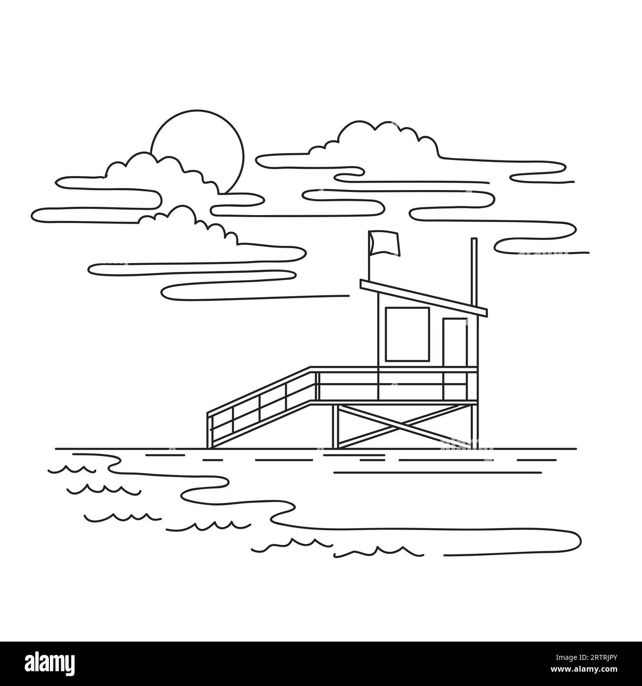 Illustration mono-ligne de Lifeguard Tower sur Venice Beach, Los Angeles County, Californie, États-Unis fait dans le style noir et blanc d'art de ligne monoline. Banque D'Images