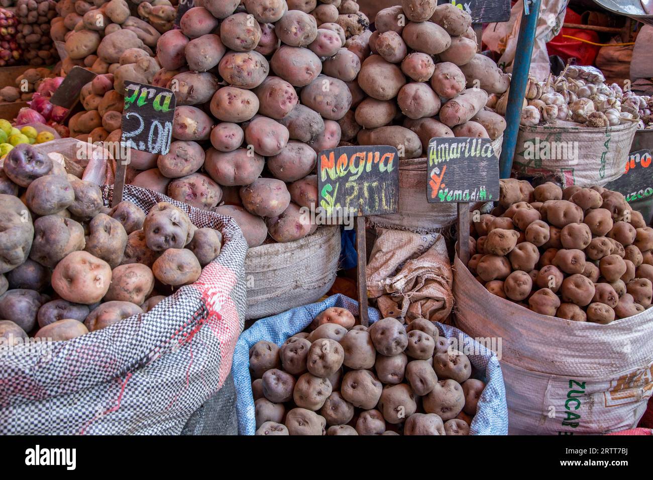 Arequipa, Pérou, 20 octobre 2015 : sacs de pommes de terre péruviennes au marché de San Camillo Banque D'Images