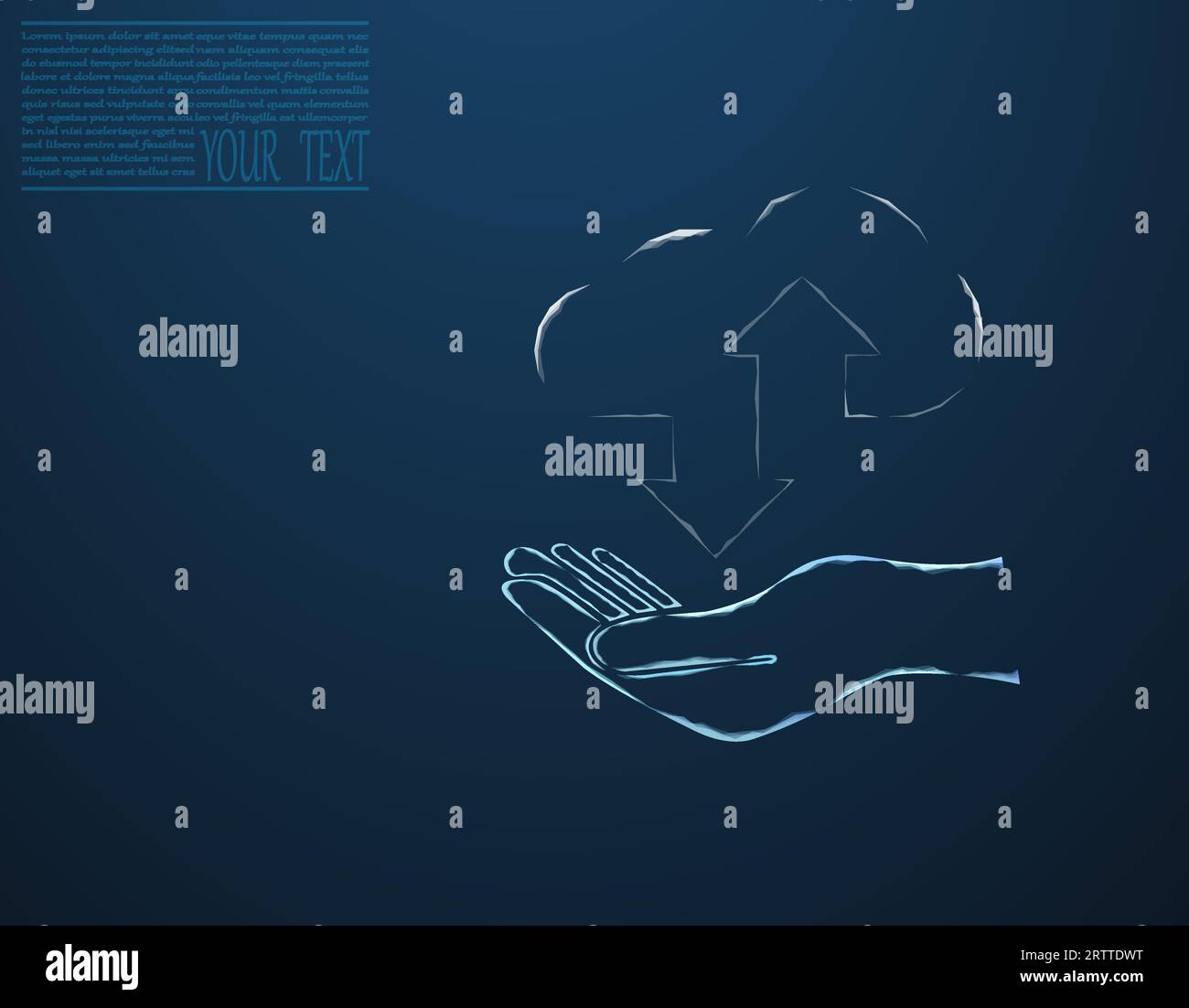 Technologies cloud composées d'une main. Signe de stockage en nuage filaire avec deux flèches vers le haut et vers le bas sur un fond bleu foncé. Cloud computing, datacenter Illustration de Vecteur