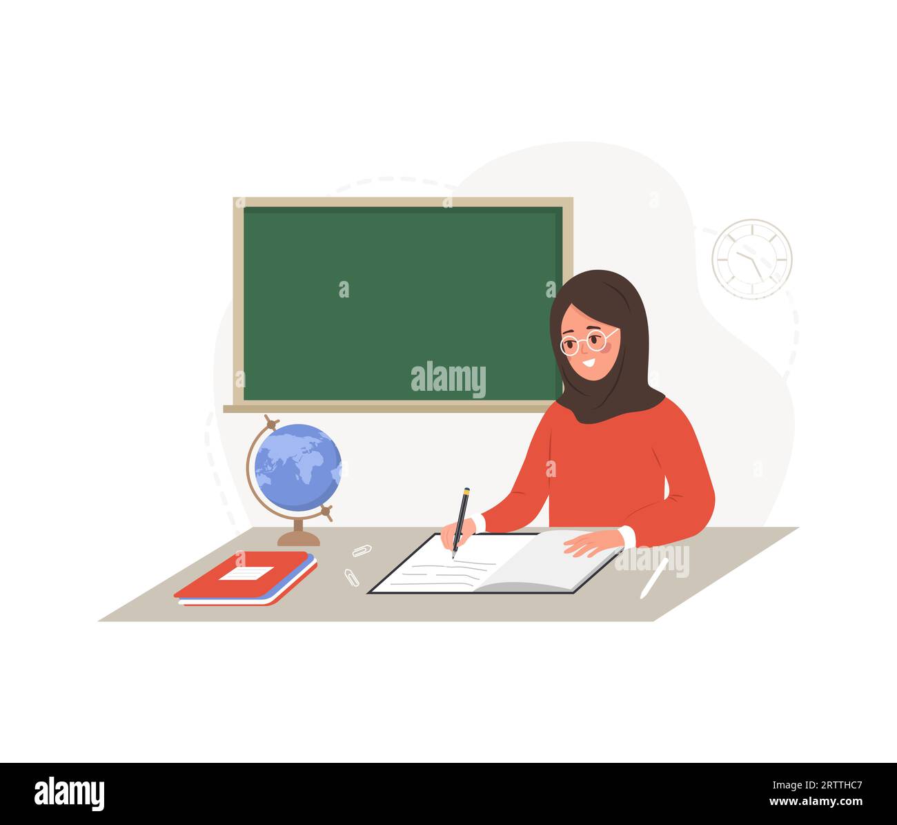 Enseignante arabe dans la salle de classe. Pédagogue en hijab assis à table et vérifiant ses devoirs. Concept scolaire et collégial. Illustration vectorielle dans Illustration de Vecteur