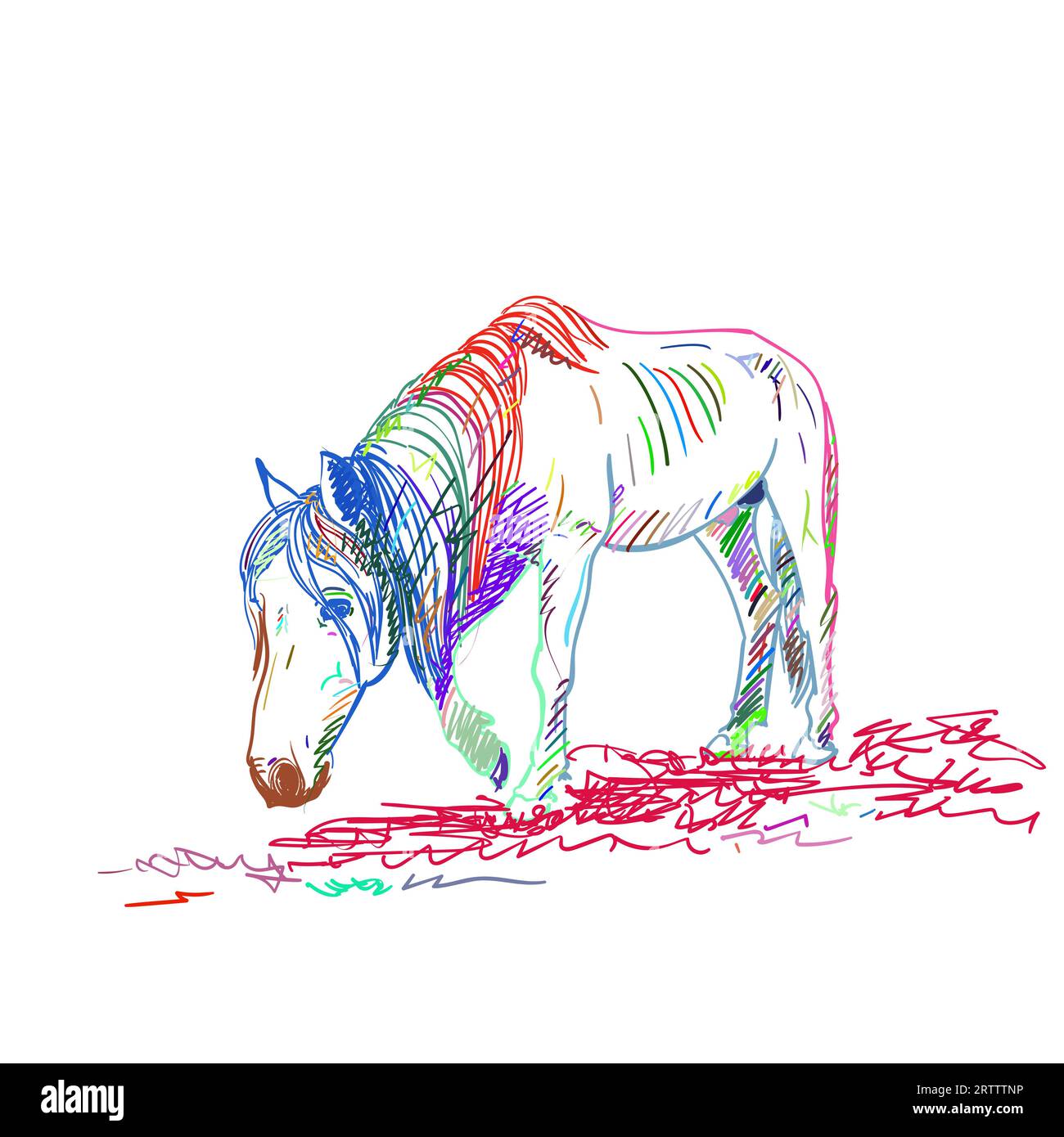 Cheval affamé avec des côtes saillantes marche lentement avec la tête vers le bas, portrait pleine longueur de différentes couleurs encre, croquis vectoriel, illustration dessinée à la main Illustration de Vecteur