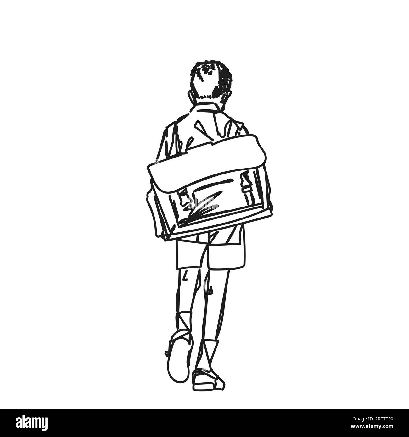 Écolier avec grand sac à dos rétro marchant loin avec sa tête vers le bas dessin vectoriel d'art de ligne abstraite, illustration dessinée à la main sur le garçon d'école de dos, Illustration de Vecteur