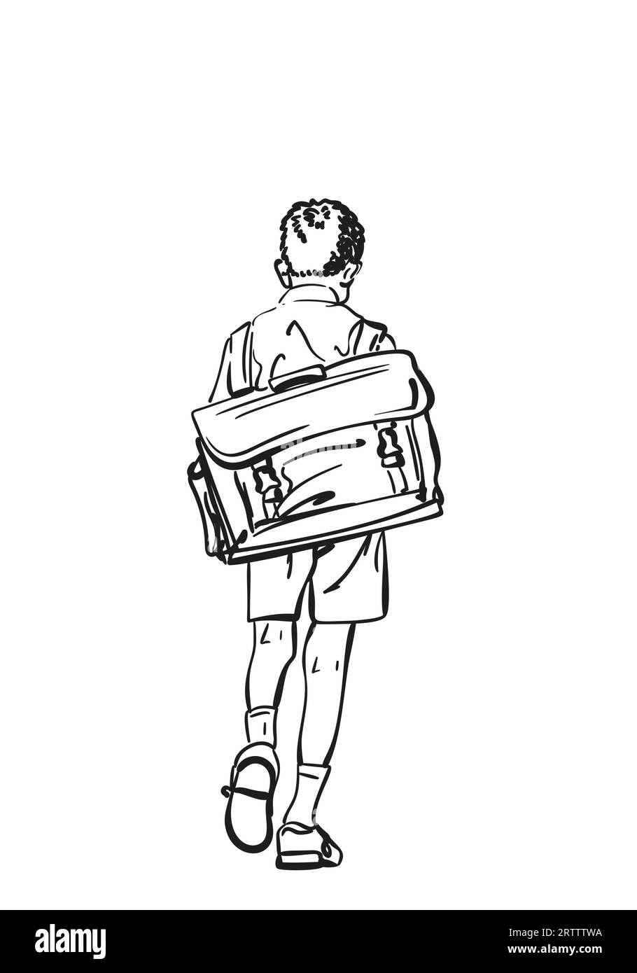 Écolier avec un grand sac à dos rétro fauché marchant loin avec sa tête vers le bas dessin vectoriel, illustration dessinée à la main sur le garçon d'école de dos, Noir et wh Illustration de Vecteur