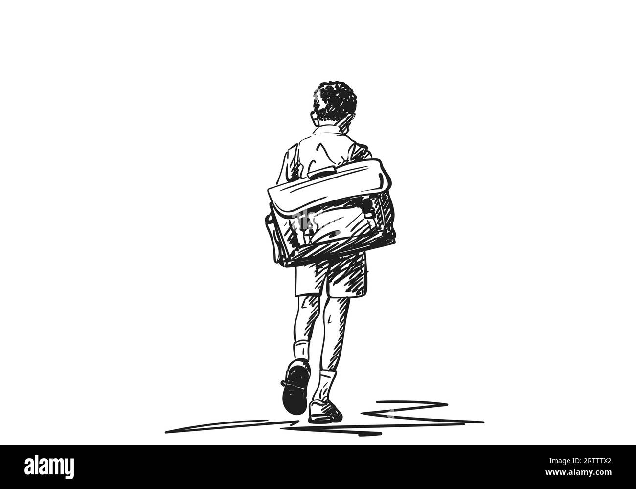 Écolier avec un grand sac à dos rétro marchant avec sa tête vers le bas dessin vectoriel, illustration dessinée à la main sur un écolier de dos, noir et blanc Illustration de Vecteur