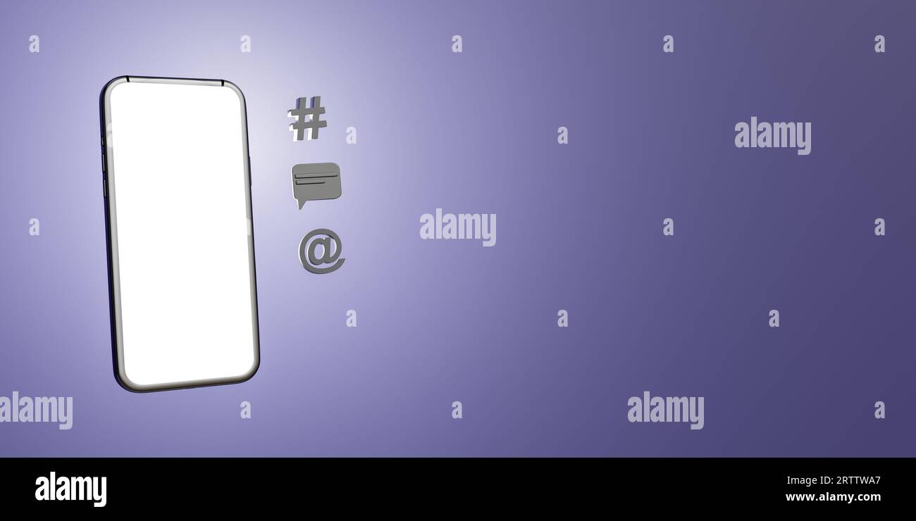 contactez-nous page avec maquette concept de téléphone portable avec hashtag, chat, email, icônes. Page du site web contactez-nous. concept de support client. espace de copie. Banque D'Images