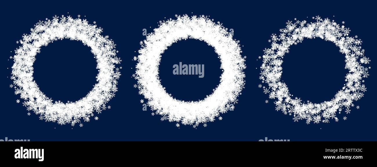 Ensemble d'anneaux de flocons de neige d'hiver. Cercles moelleux doux de flocons de neige blancs pour la conception et la décoration de cartes de vacances d'hiver, modèles de médias sociaux. Si Illustration de Vecteur