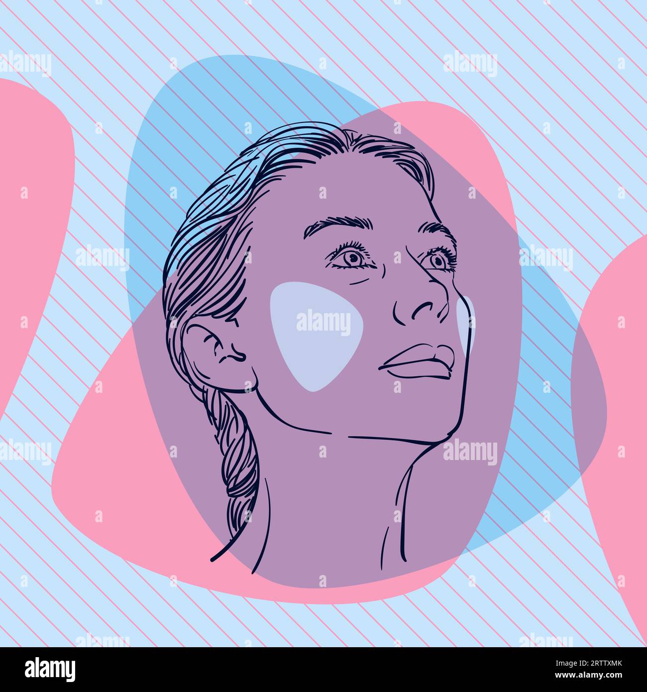 Croquis de la tête de la femme regardant vers le haut sur le côté avec des joues colorées sur des formes profilées abstraites de couleur bleue et rose sur fond carré rayé diagonal Illustration de Vecteur