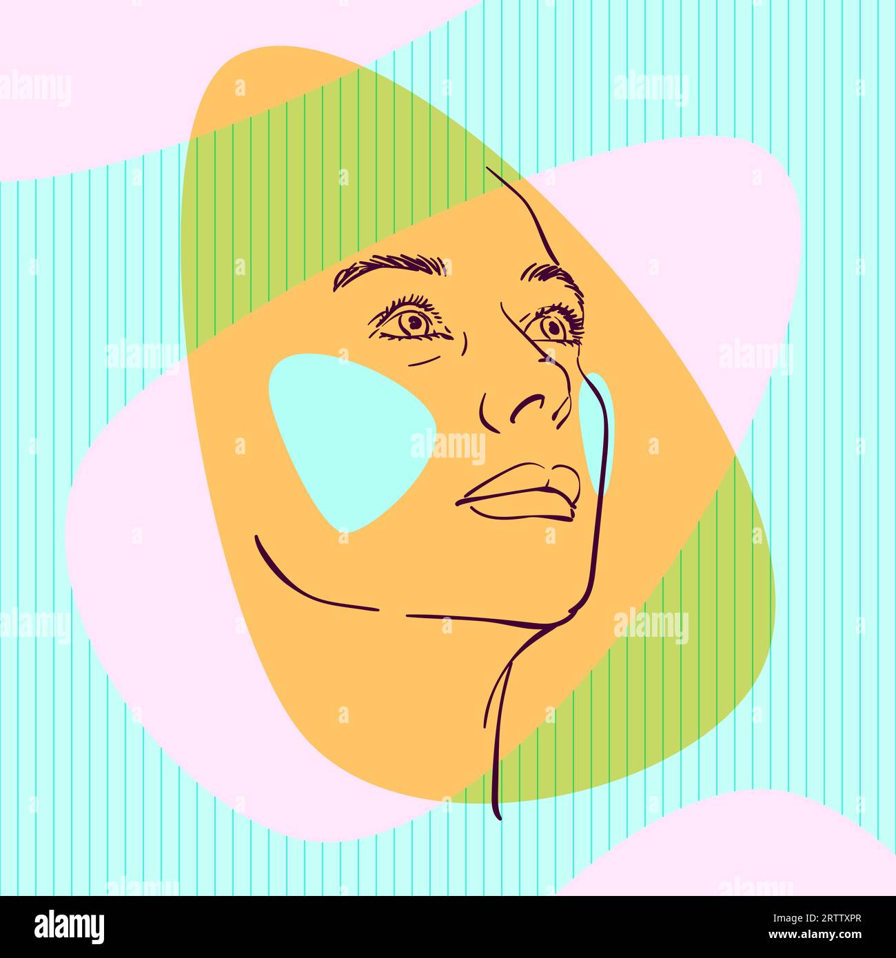Croquis de la tête de la femme regardant vers le haut sur le côté avec des joues colorées sur aqua menthe et des formes épurées abstraites de couleur rose sur fond carré rayé, Illustration de Vecteur