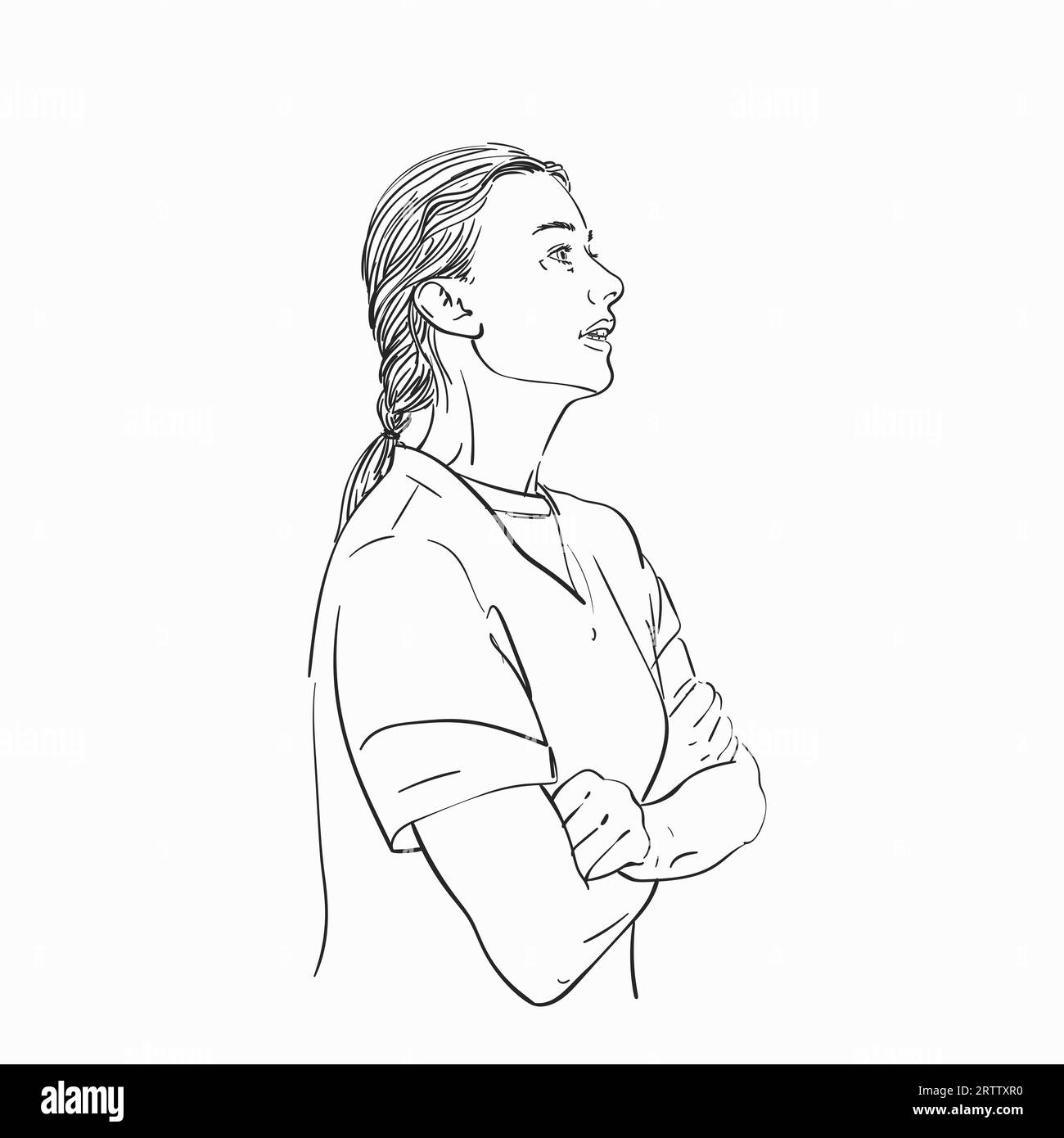 Croquis d'une femme slave de profil avec la bouche ouverte debout avec les bras croisés sur sa poitrine, illustration dessinée à la main Vector Illustration de Vecteur
