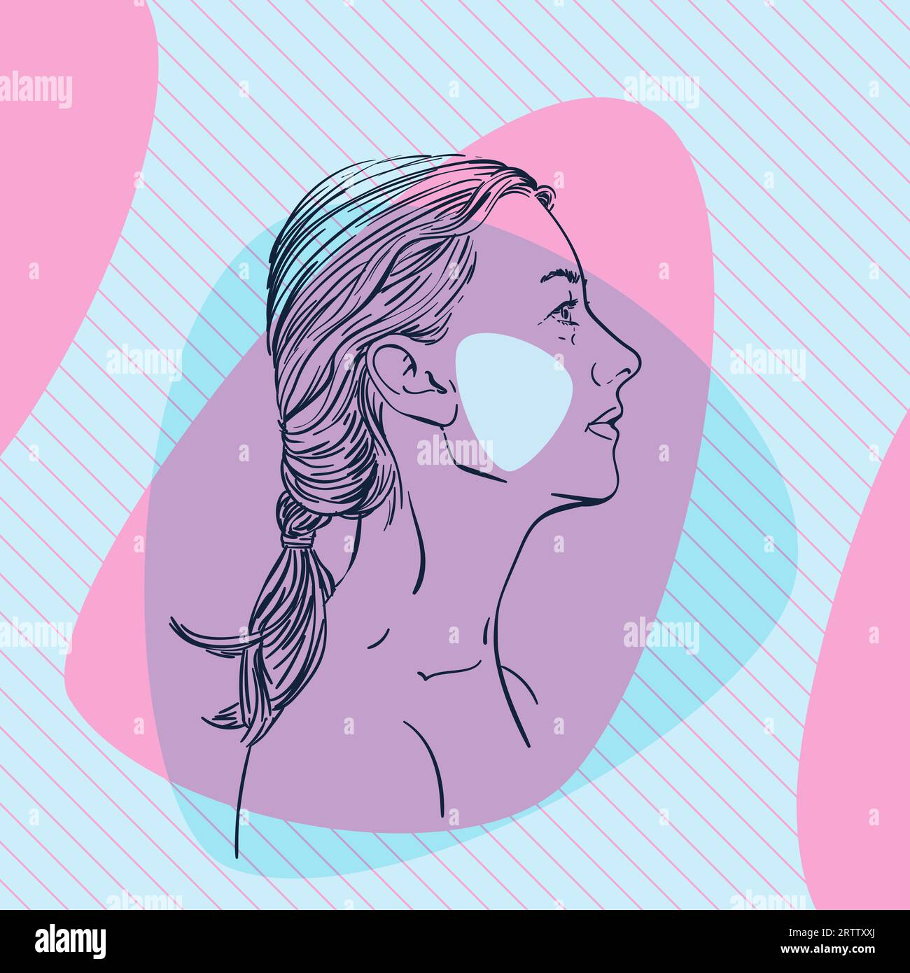 Croquis de la tête de femme de profil avec joue colorée sur des formes rationalisées abstraites de couleur bleue et rose sur fond carré rayé diagonal, Vector Illustration de Vecteur