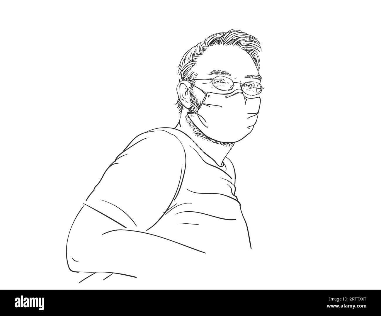 Coronavirus. L'homme portant un masque facial médical et des lunettes est assis dans une pose relaxante, portrait linéaire dessiné à la main, croquis vectoriel Illustration de Vecteur