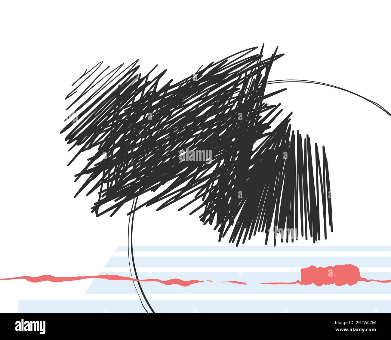 L'ambiance. Abstraction d'art moderne, griffons noirs, contour de cercle, ligne rouge tremblante et rayures géométriques bleu clair derrière sur fond Illustration de Vecteur