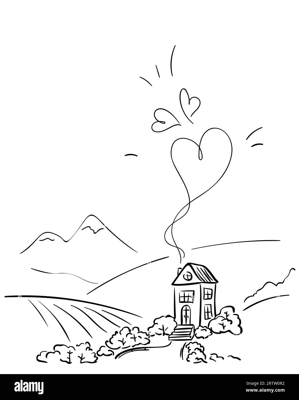 Maison pleine d'amour avec la fumée en forme de coeur de cheminée, paysage rural idyllique doodle. Maison confortable isolée se dresse parmi les collines avec des montagnes sur t Illustration de Vecteur