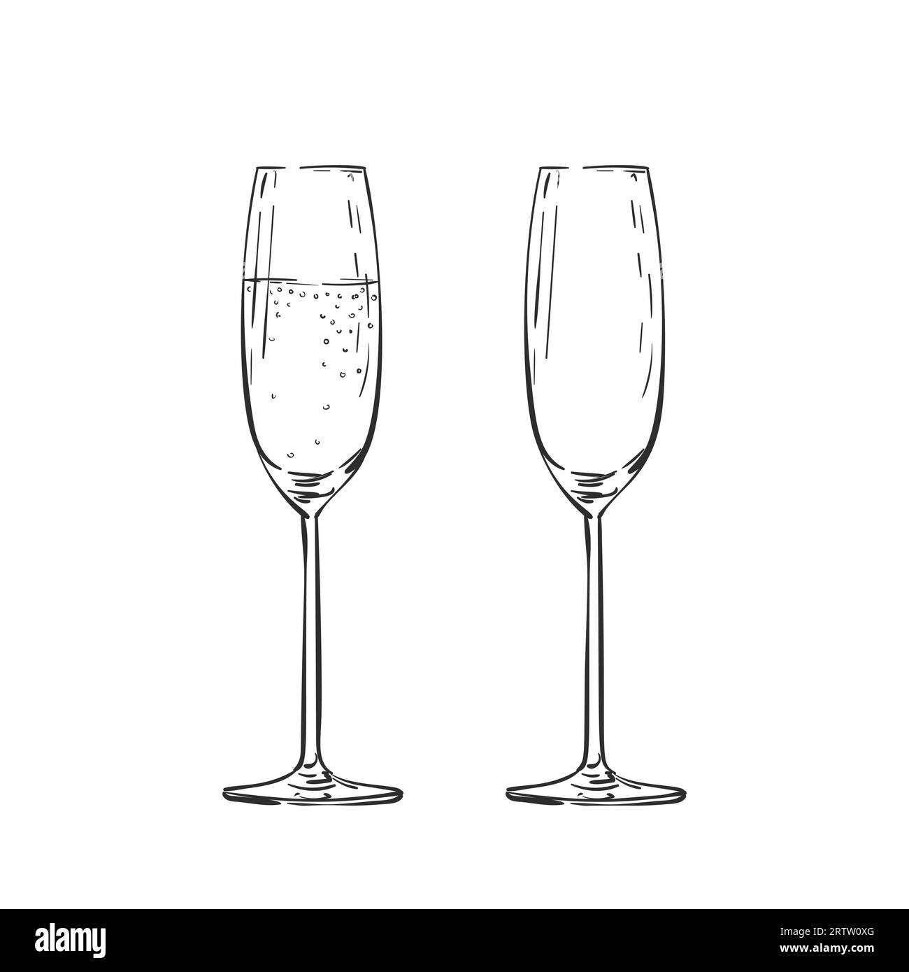 Dessin vectoriel de verre à champagne vide et plein isolé. Illustration dessinée à la main ligne noire sur blanc, doodle en verre de boisson alcoolisée Illustration de Vecteur