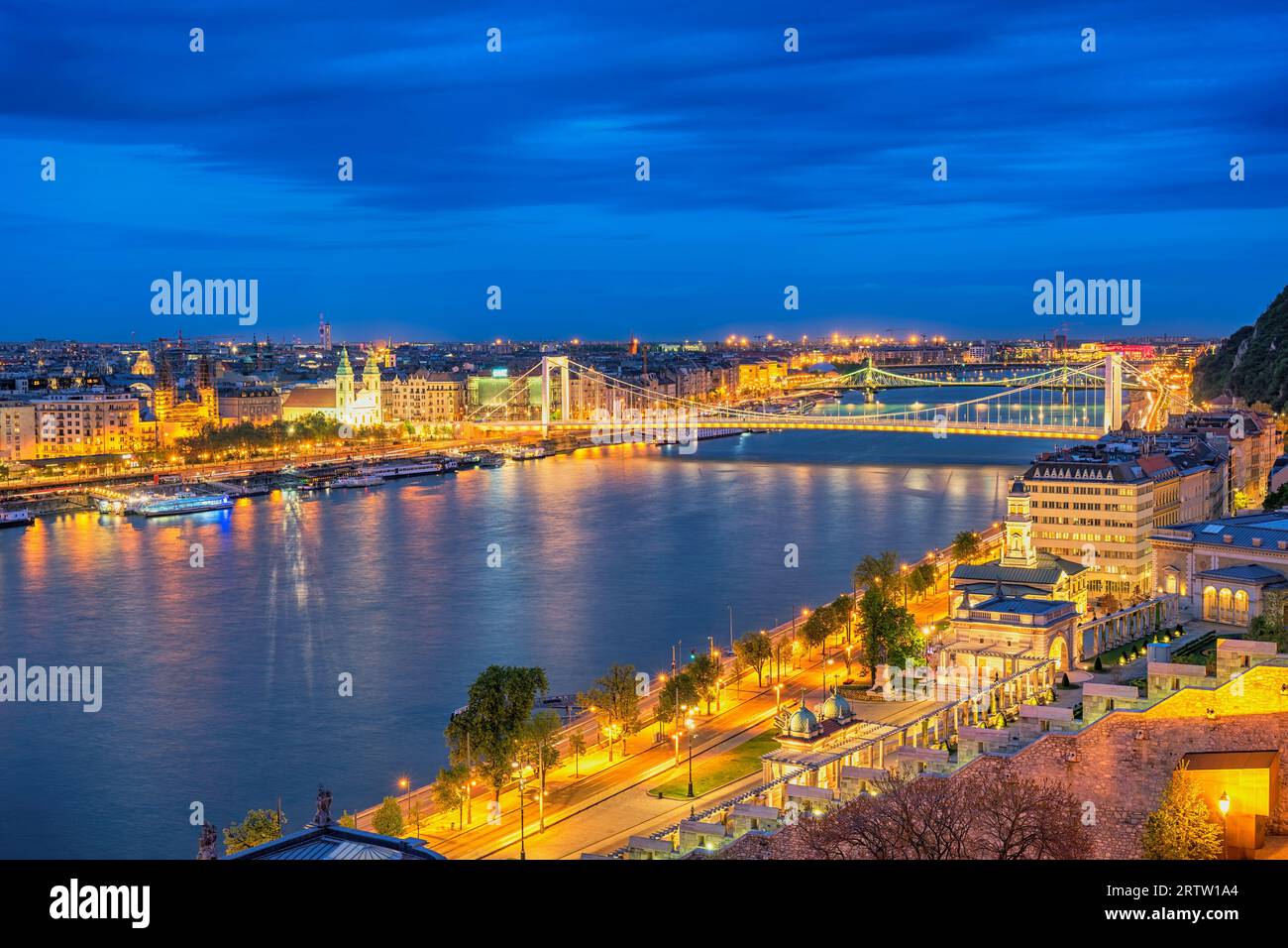 Budapest Hongrie, ville Skyline nuit sur le Danube avec le pont Elisabeth Banque D'Images