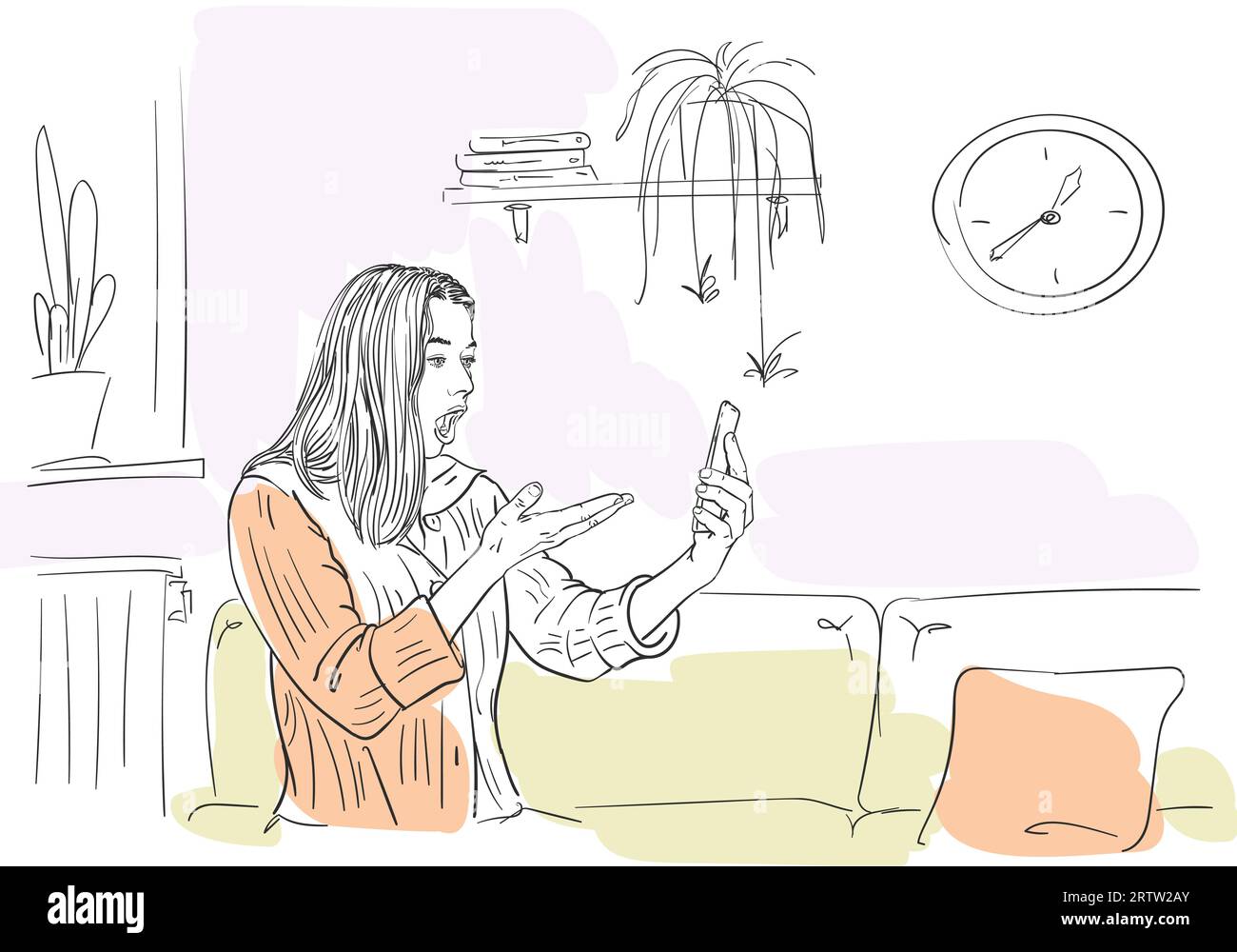 Femme excitée a reçu des nouvelles choquantes sur smartphone, assis sur un canapé dans une atmosphère confortable à la maison, auto-isolement au temps de quarantaine du coronavirus, main dra Illustration de Vecteur