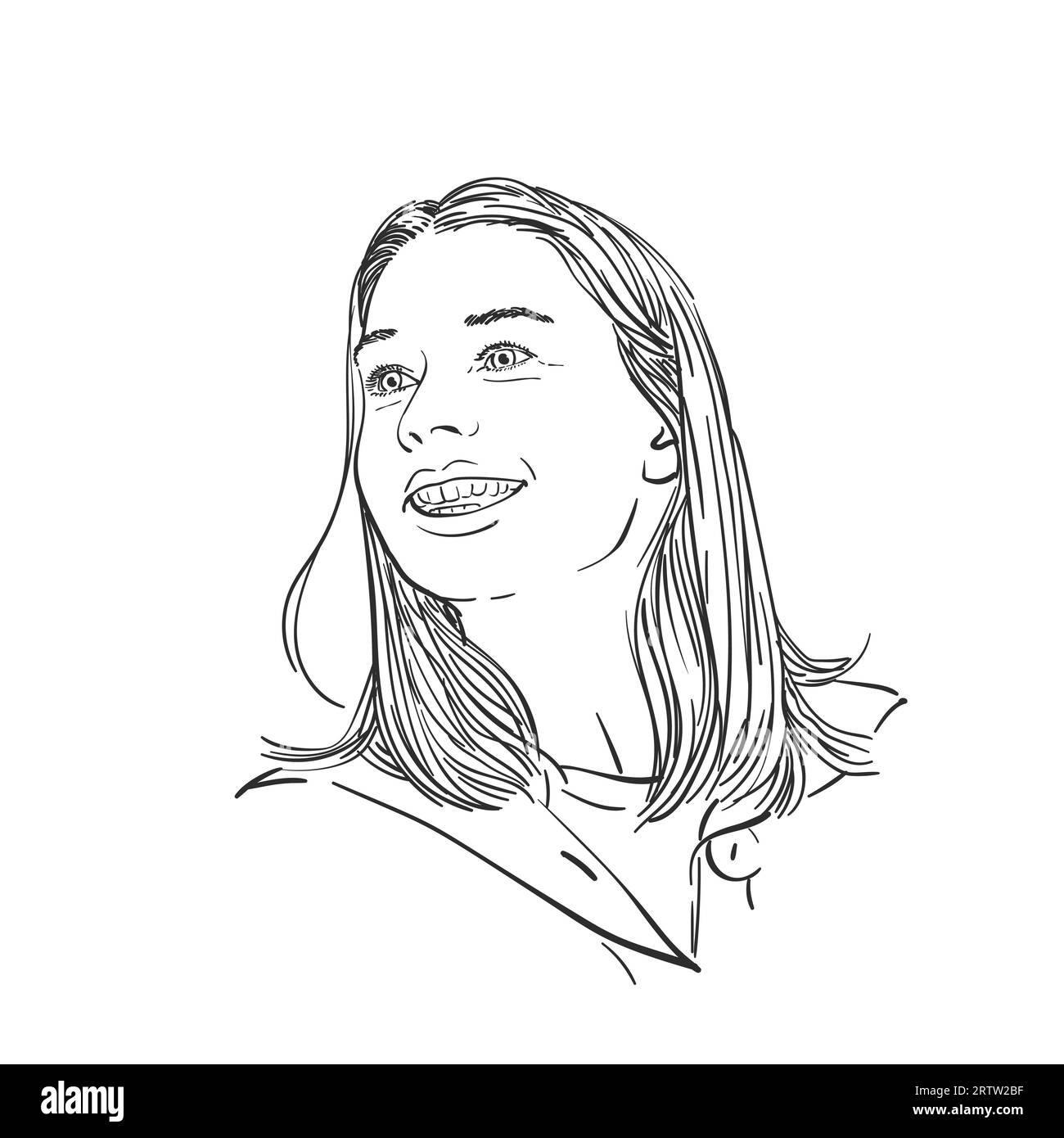 Portrait de femme souriante heureuse avec de longs cheveux regardant de côté, illustration dessinée à la main, croquis vectoriel Illustration de Vecteur