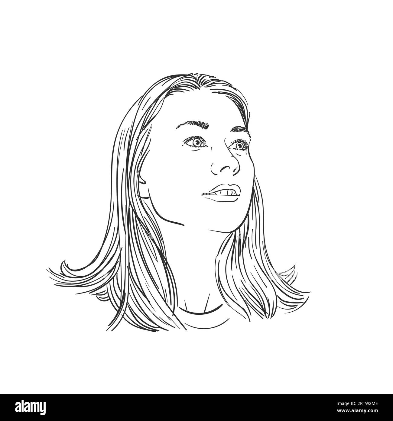 Portrait de femme heureuse avec de longs cheveux regardant de côté, illustration dessinée à la main, croquis vectoriel Illustration de Vecteur