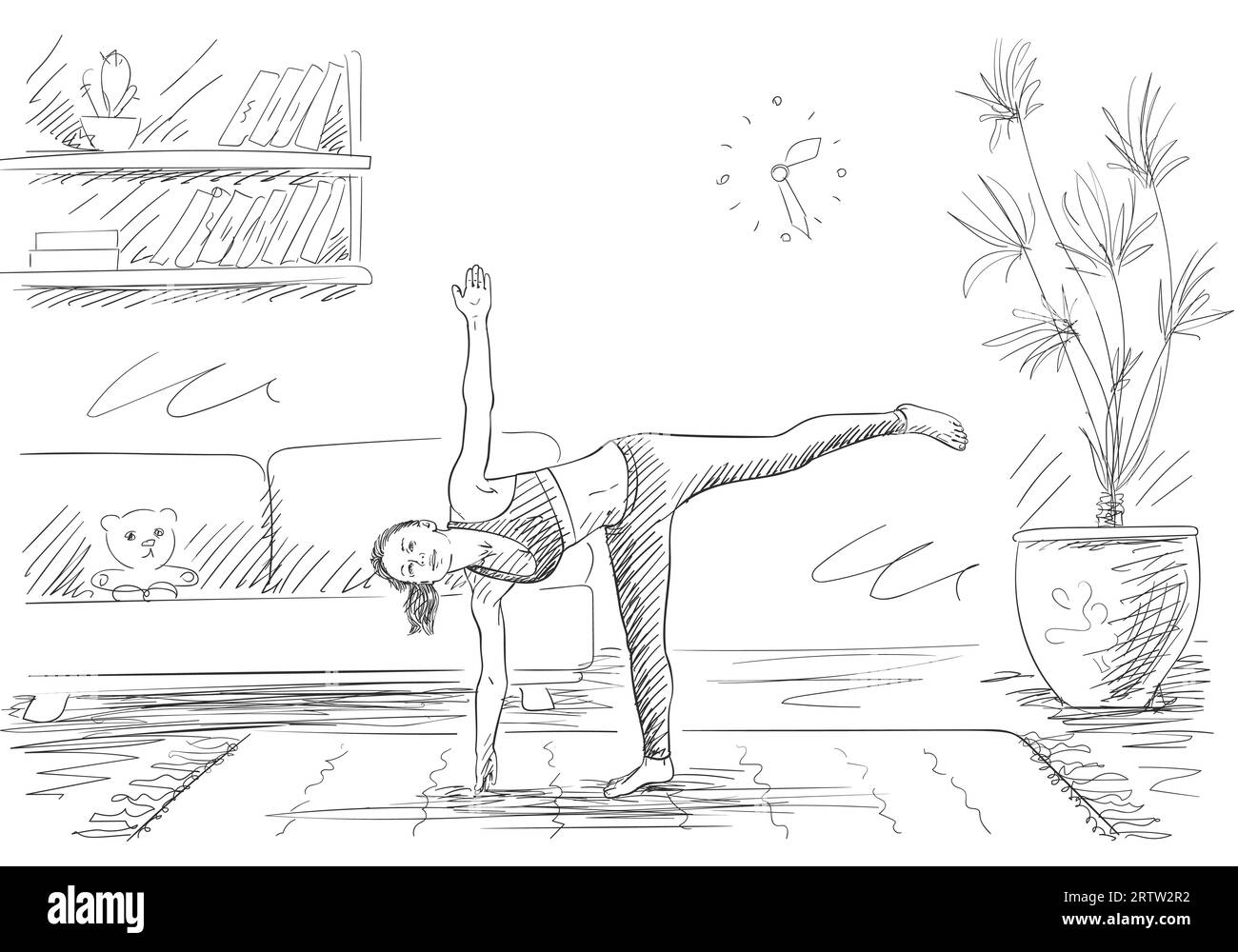 Femme faisant du yoga, debout sur une jambe dans le salon, auto-isolement au moment de la quarantaine du coronavirus, dessin vectoriel dessiné à la main Illustration de Vecteur