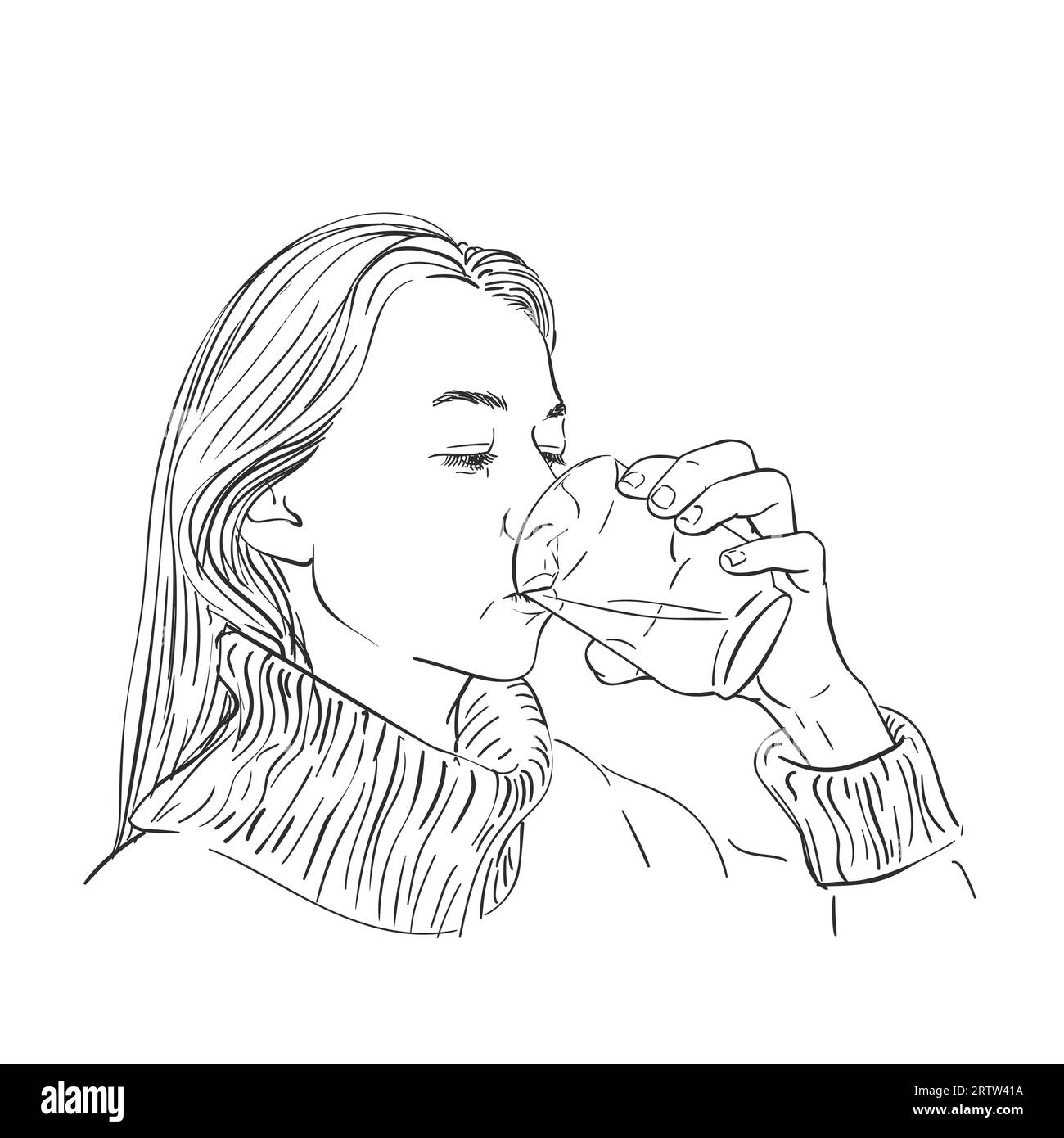 Dessin d'une jeune femme buvant de l'eau claire. Femme caucasienne cheveux blonds longs portant un pull chaud avec col, tenant le verre transparent dans la main. VEC Illustration de Vecteur