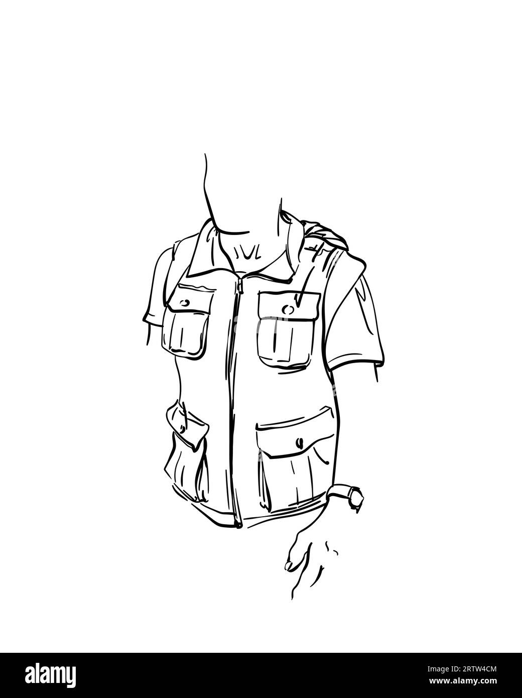 Dessin de gilet avec de nombreuses poches sur jeune homme sans visage, esquisse vectorielle isolée à la main dessinée Illustration de Vecteur