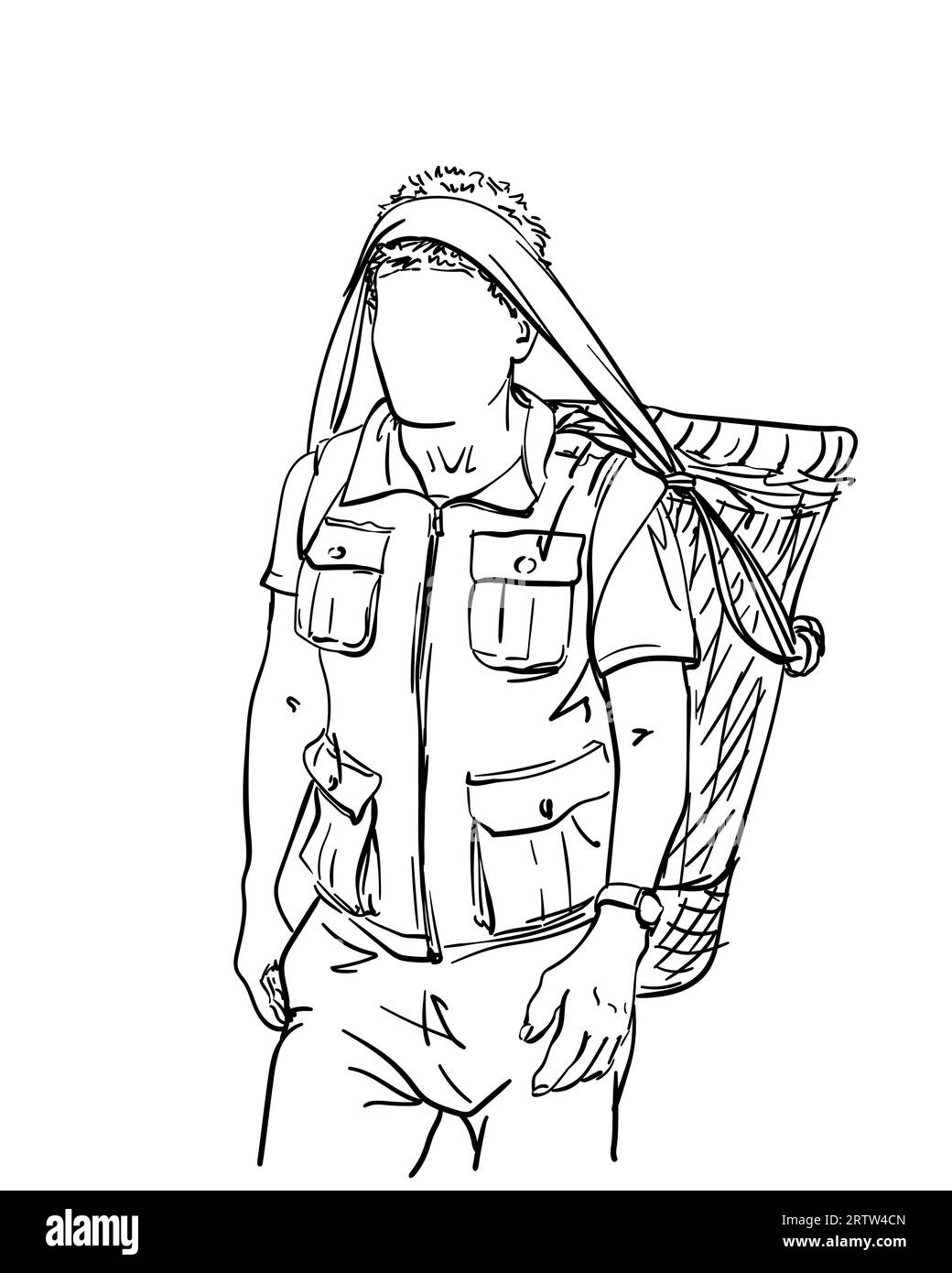 Porteur népalais portant un panier sur la tête de manière traditionnelle et portant un gilet d'expédition avec de nombreuses poches, Homme sans visage, Vector croquis lin dessiné à la main Illustration de Vecteur