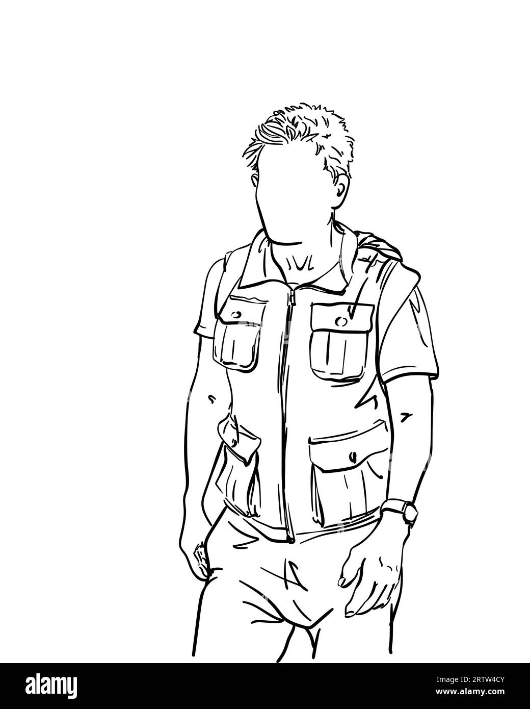 Jeune homme sans visage portant un gilet d'expédition avec de nombreuses poches, illustration dessin vectoriel dessiné à la main Illustration de Vecteur