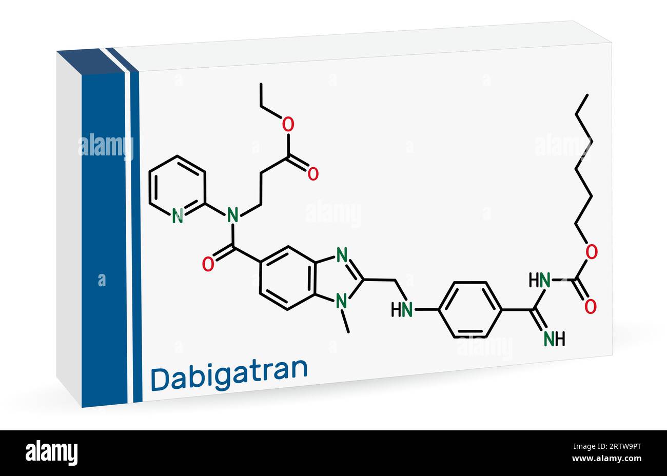 Molécule de dabigatran. C'est un médicament anticoagulant. Formule chimique squelettique. Emballage en papier pour médicaments. Illustration vectorielle Illustration de Vecteur