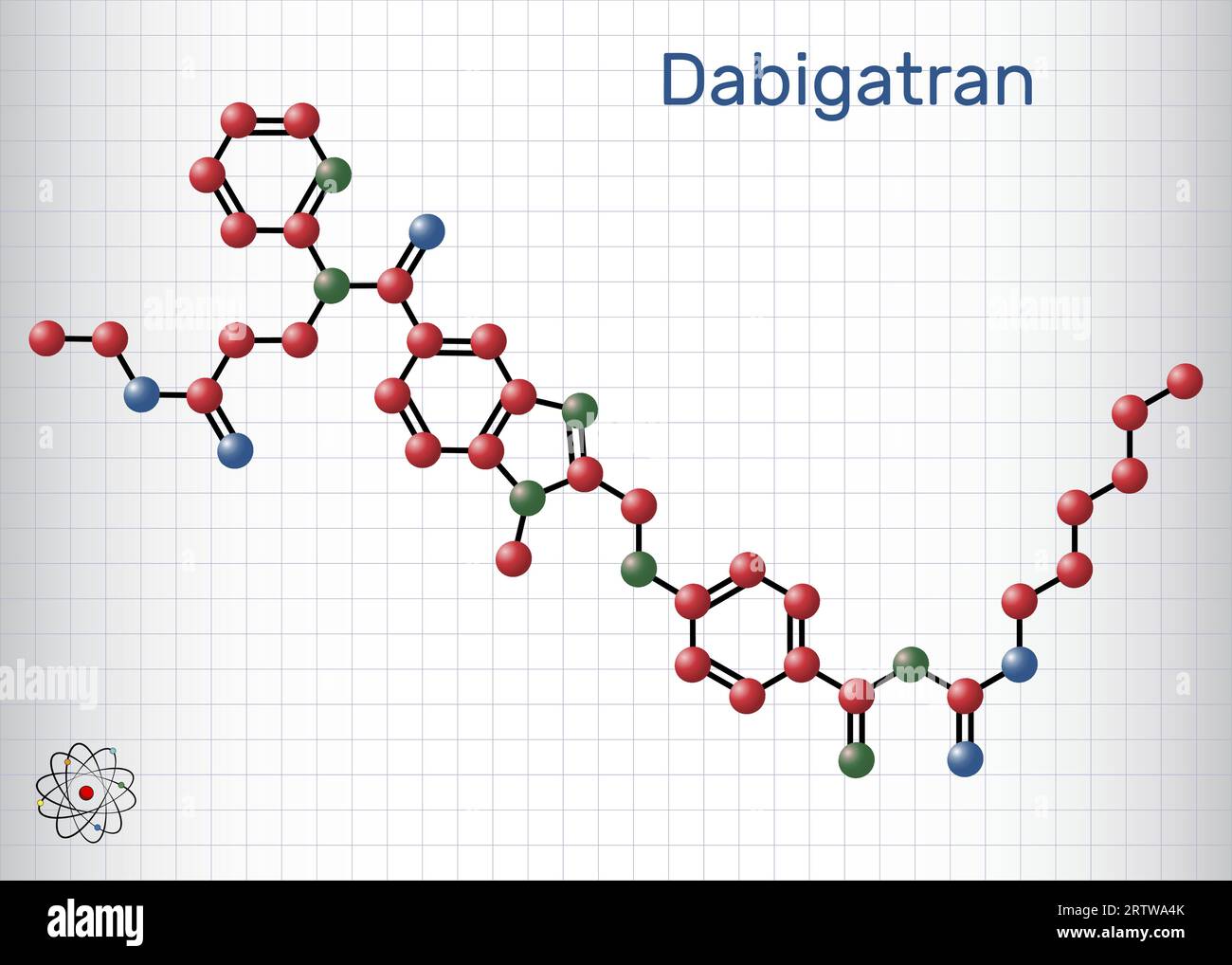 Molécule de dabigatran. C'est un médicament anticoagulant. Formule chimique structurale et modèle moléculaire. Feuille de papier dans une cage Illustration de Vecteur