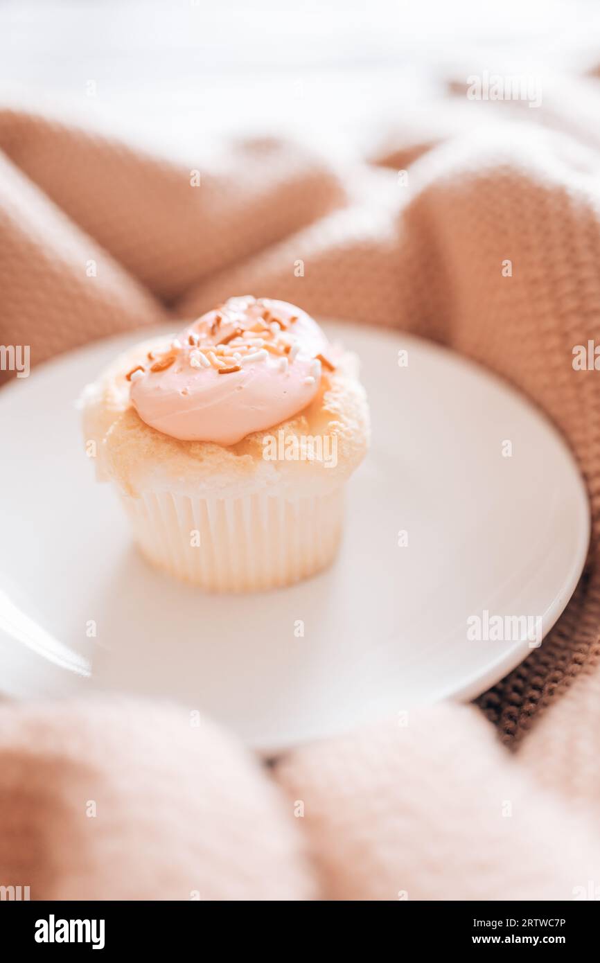 Un cupcake givré rose assis sur une assiette blanche sur un textou blush Banque D'Images