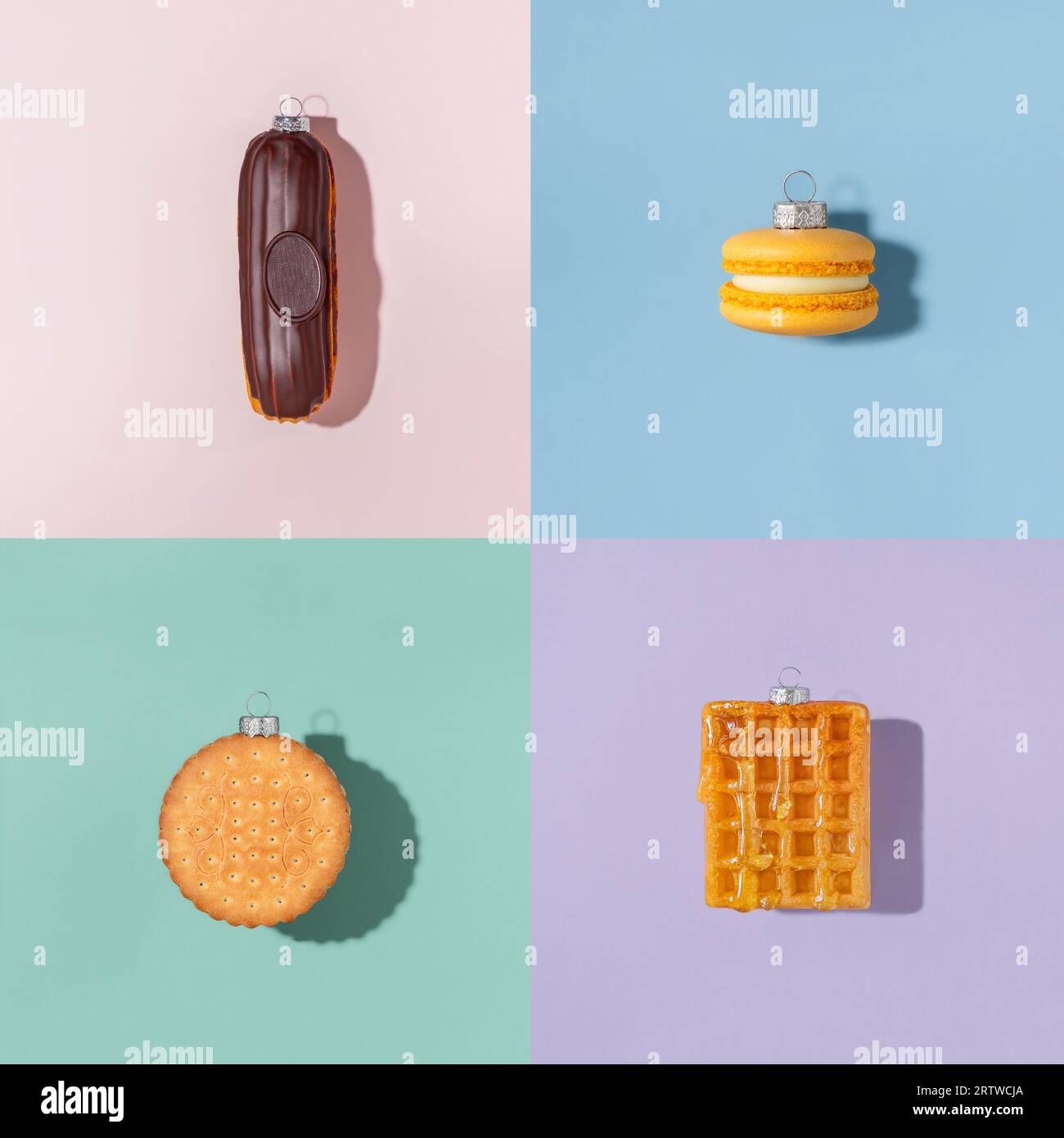 Modèle du nouvel an. biscuit gaufré aux macarons éclatants de noël. Banque D'Images