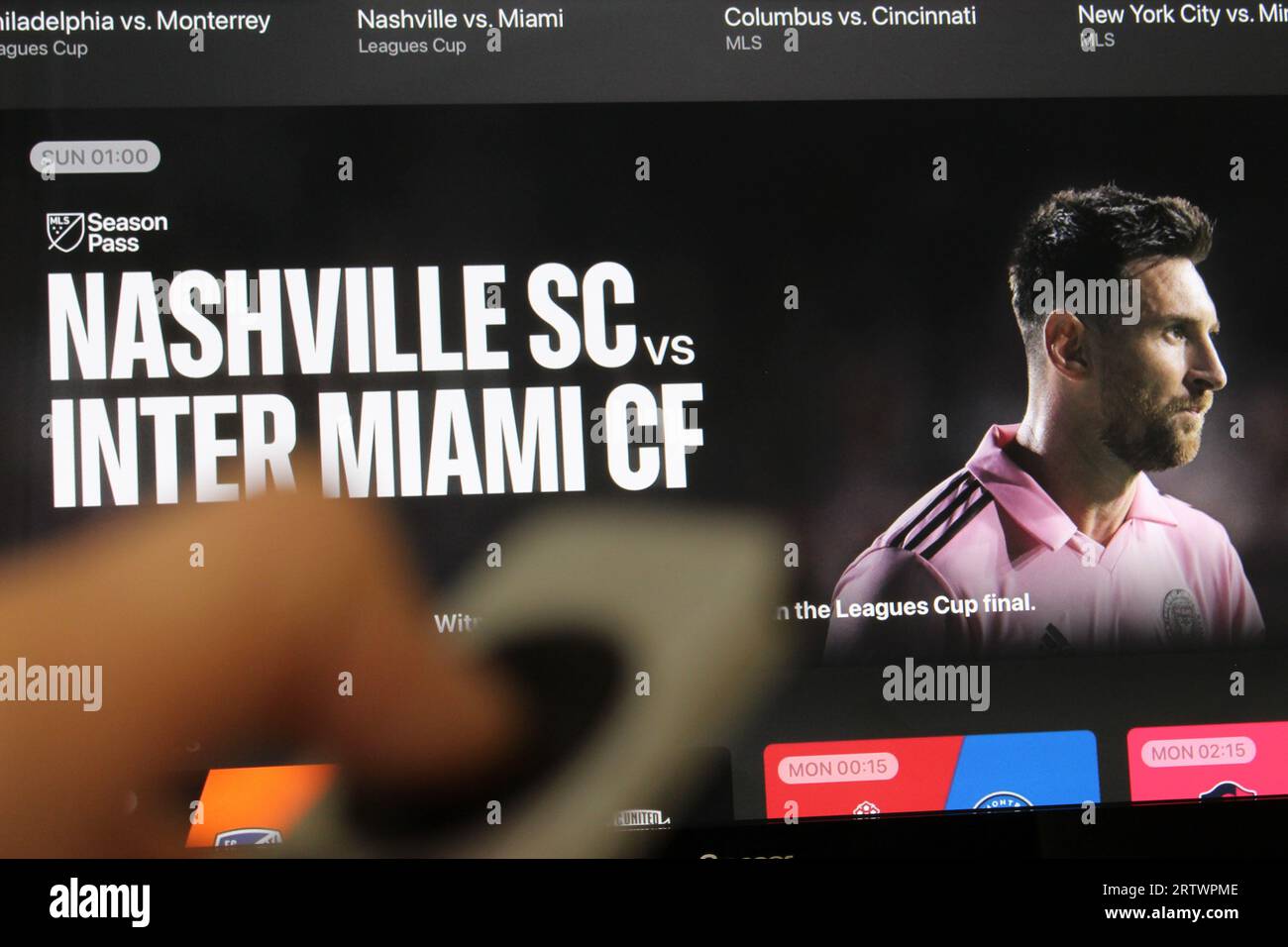 Apple MLS Season Pass - Apple TV a permis aux abonnés de diffuser la Major League Soccer sur Apple TV, en utilisant Lionel Messi dans les promotions Banque D'Images