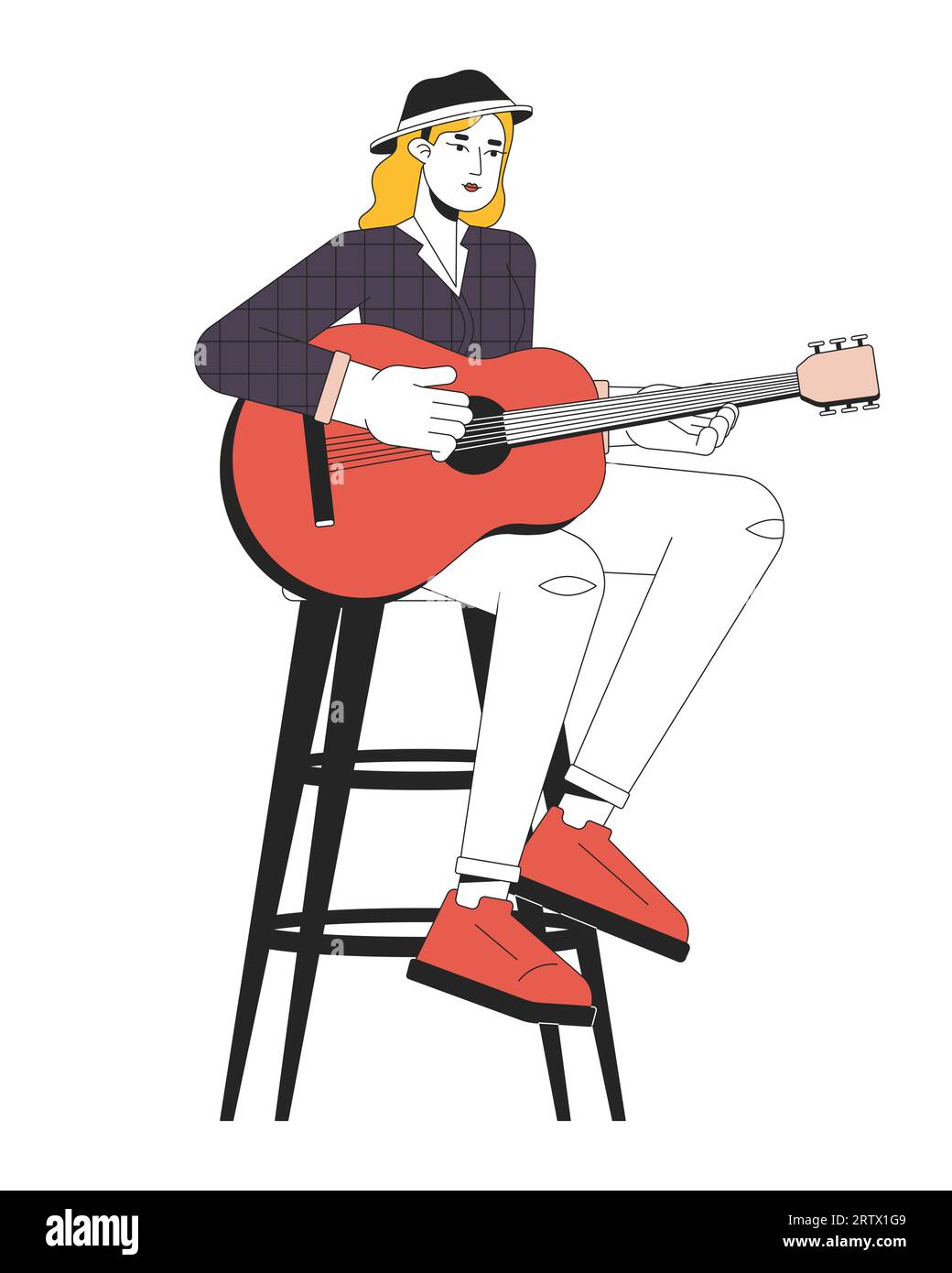 Guitariste féminin jouant la ligne de musique country dessin animé illustration plate Illustration de Vecteur