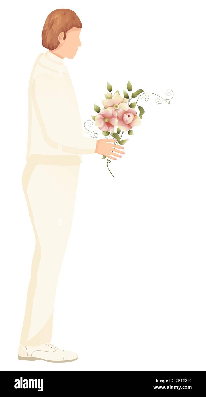 Marié avec l'icône de fleurs de bouquet. Homme de style dessiné à la main dans l'illustration de costume blanc. Motifs de mariage Banque D'Images