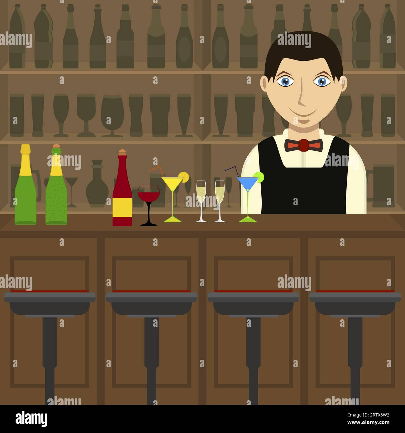 Bar à l'intérieur avec barman et comptoir de bar. Barman avec des verres de vin et des cocktails. Etablissement de boissons. Intérieur de pub, café ou bar. Illustration de Vecteur