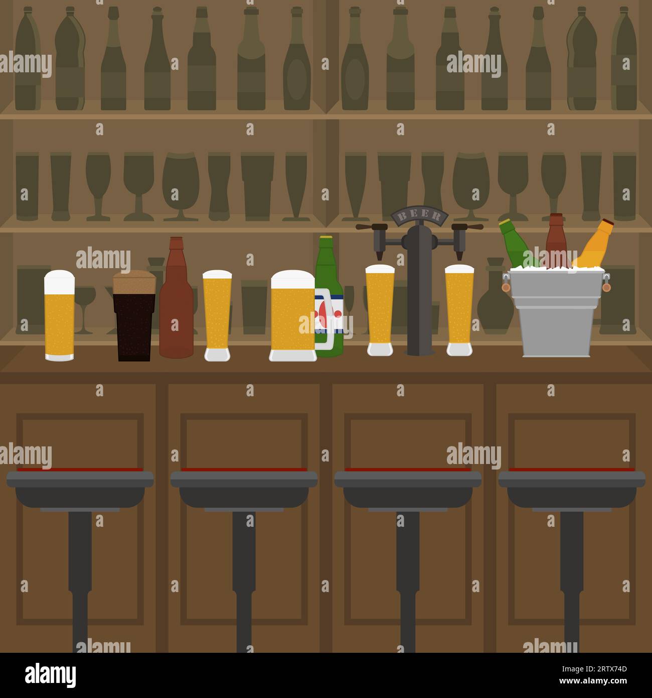 Intérieur de pub, café ou bar avec comptoir, verres de bière, pompe à bière et seau à glace. À l'intérieur de l'établissement de boissons. Comptoir de bar, chaises et étagères wi Illustration de Vecteur