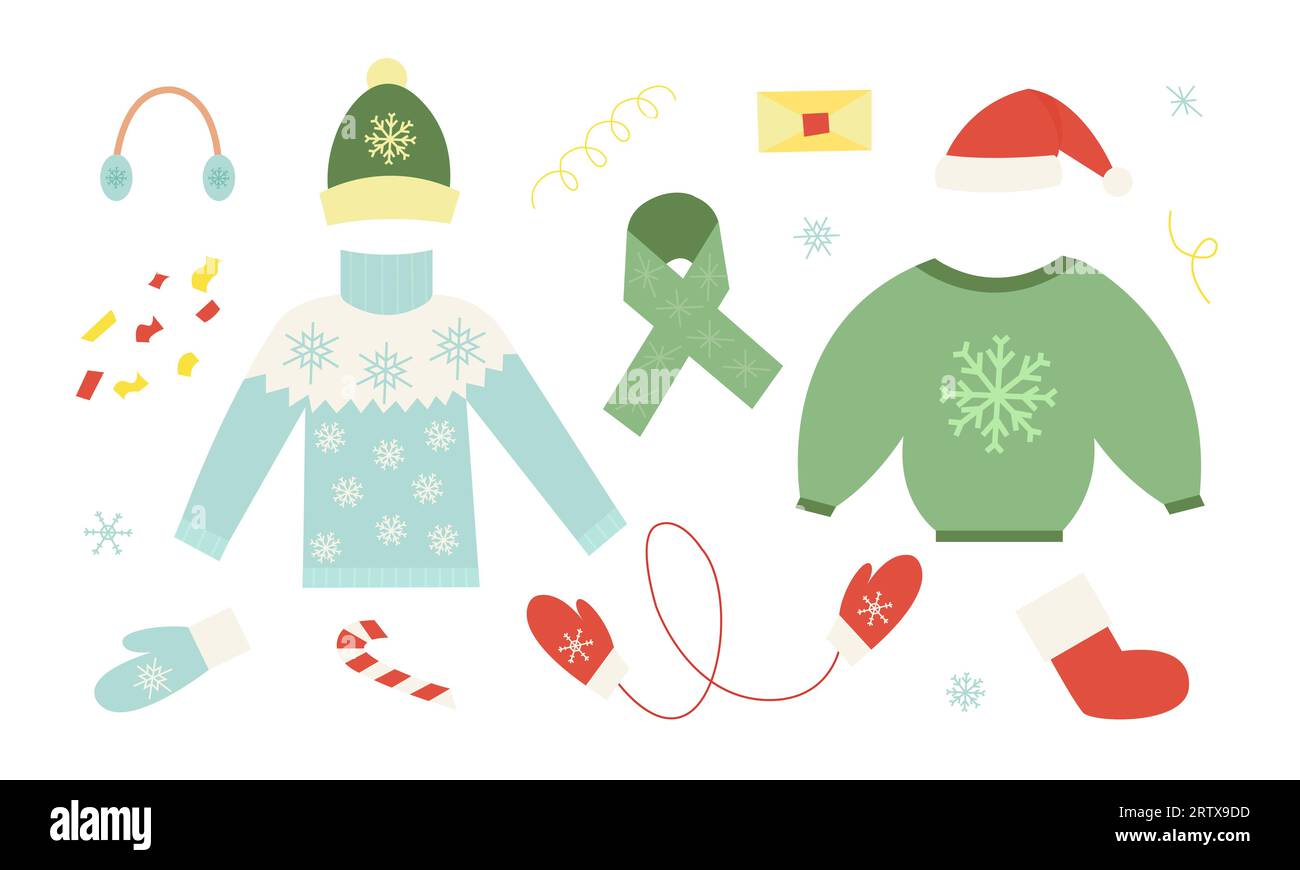 Vêtements d'extérieur d'hiver avec pulls tricotés, chapeaux et mitaines. Illustration vectorielle plate dans le style de bande dessinée Illustration de Vecteur