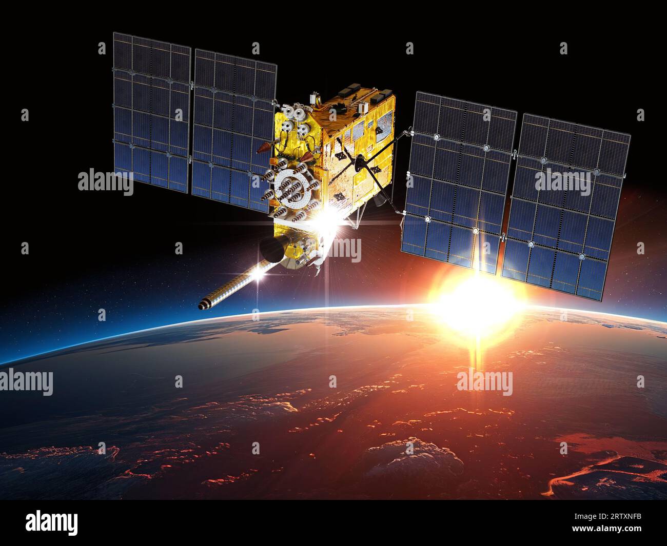 Satellite de navigation moderne GLONASS-K en orbite terrestre. arrière-plan de rendu 3d. Banque D'Images