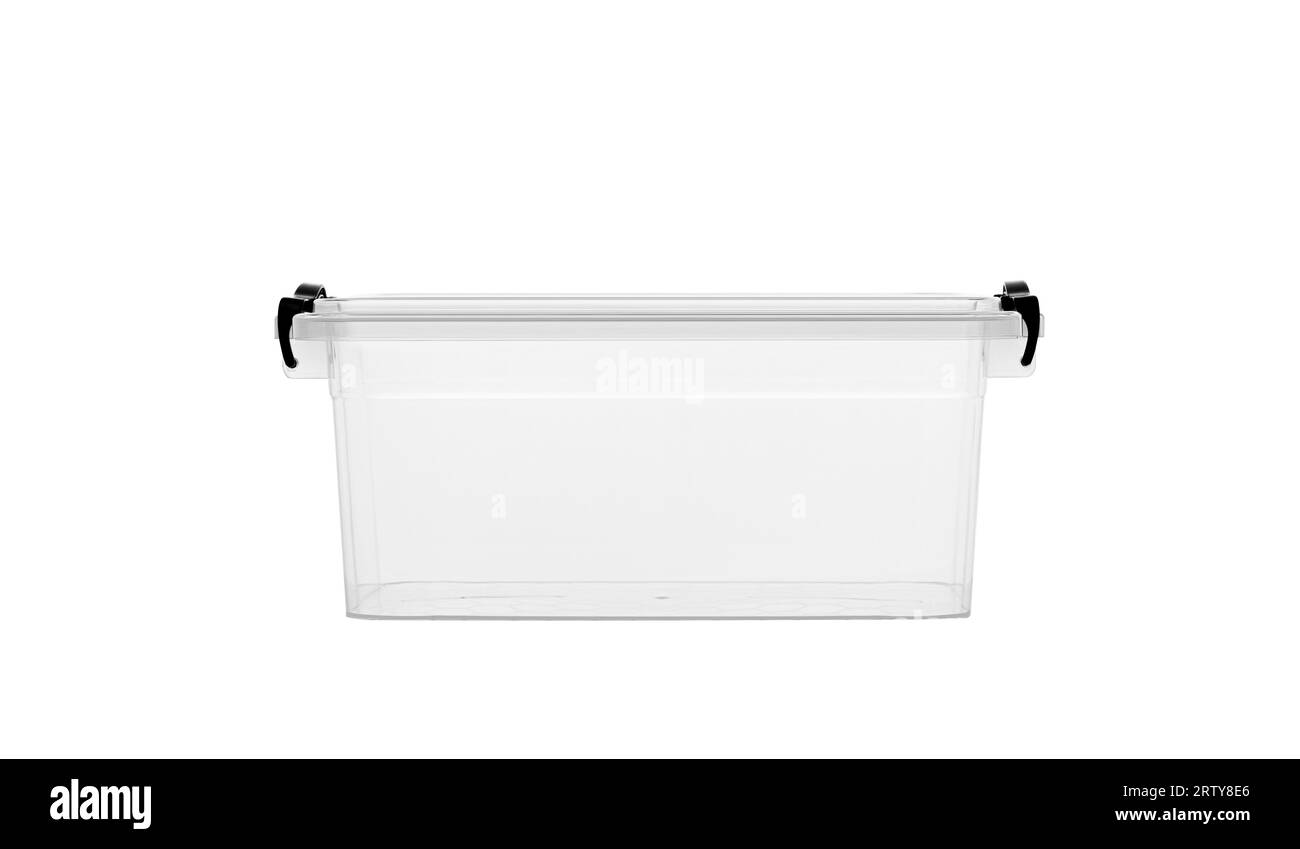 Conteneur alimentaire en plastique isolé sur fond blanc avec passe-cheveux Banque D'Images