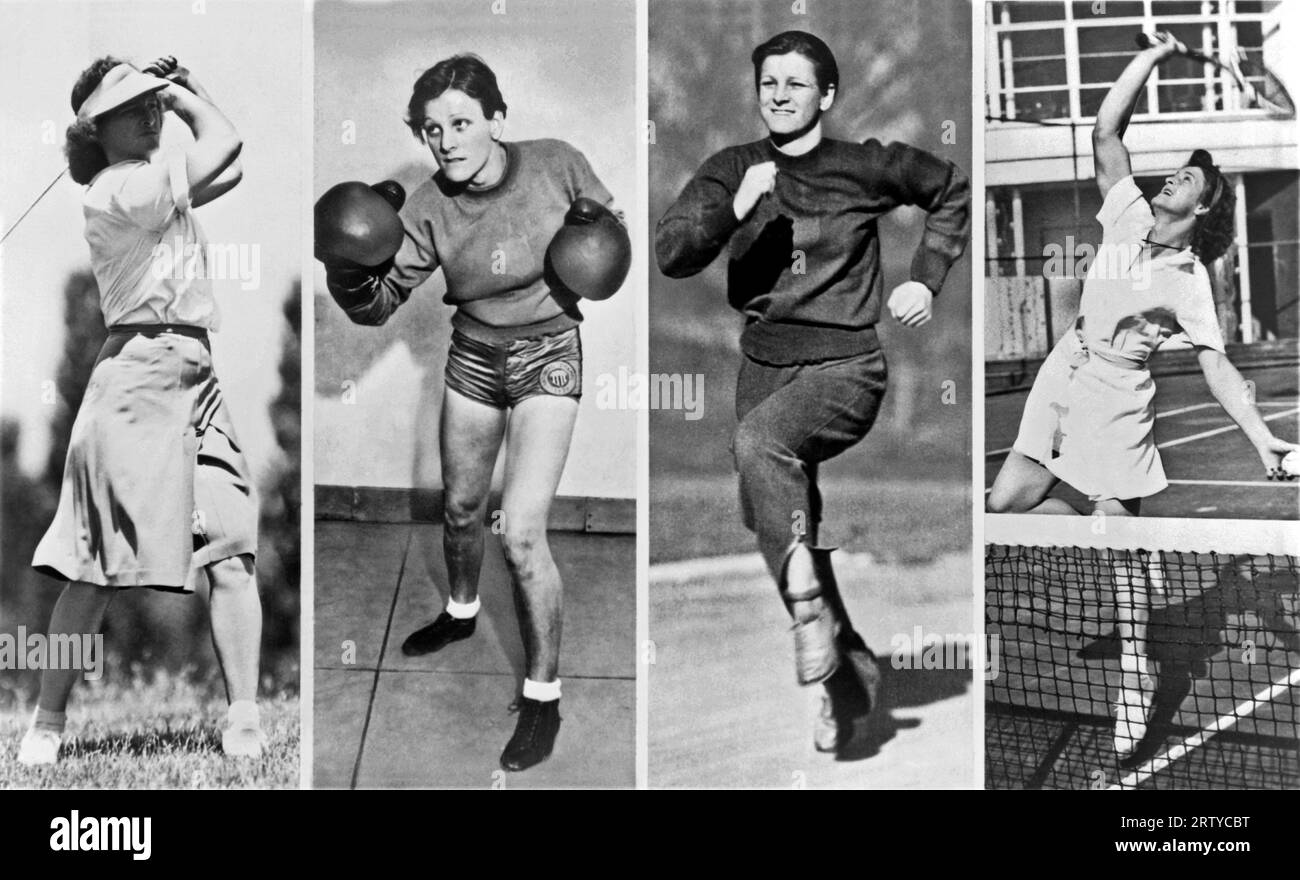 États-Unis 1956 composite de quatre portraits en pied de Mildred 'Babe' Didrickson Zaharias : jouer au golf à des Moines en 1946, boxe à New York en 1934, courir à White Sulphur Springs, W. va. En 1932, et jouer au tennis à Beverly Hills, Californie en 1944] Banque D'Images