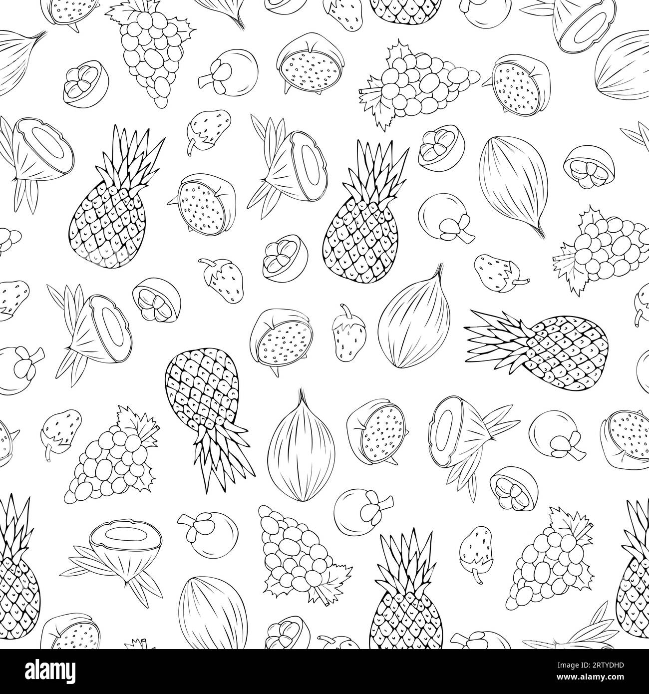 Motif de doodle sans couture avec des fruits, fraises, noix de coco, mangoustan et raisins. Illustration de Vecteur