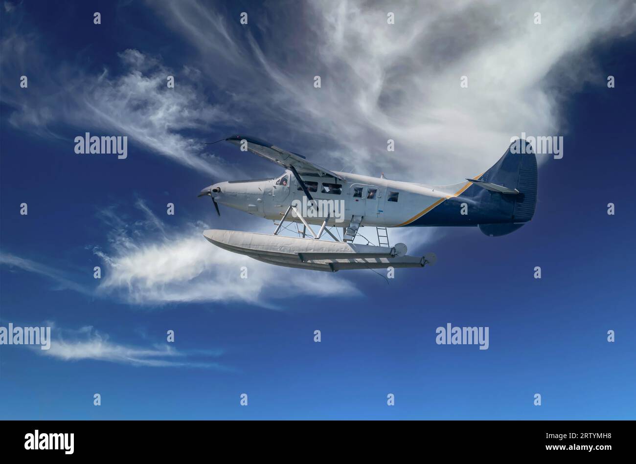 Taxi aérien volant dans le ciel bleu Banque D'Images