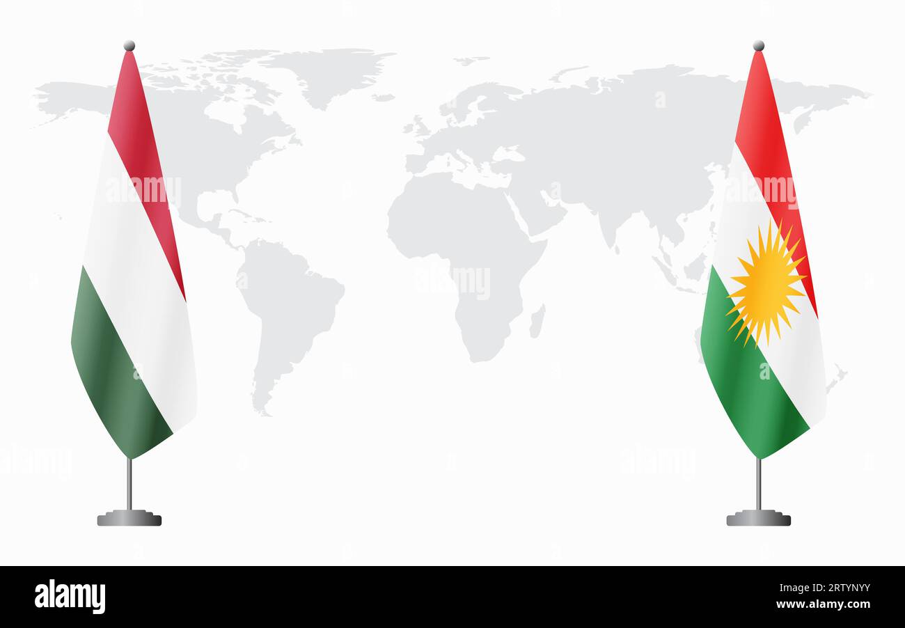 Drapeaux de la Hongrie et du Kurdistan pour la réunion officielle sur fond de carte du monde. Illustration de Vecteur