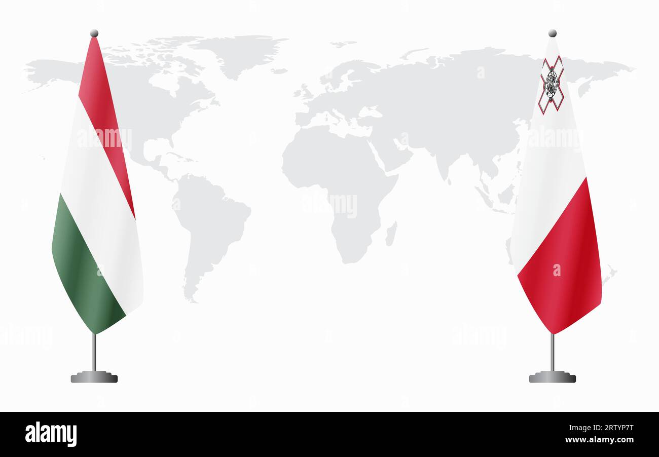 Drapeaux de la Hongrie et de Malte pour la réunion officielle sur fond de carte du monde. Illustration de Vecteur