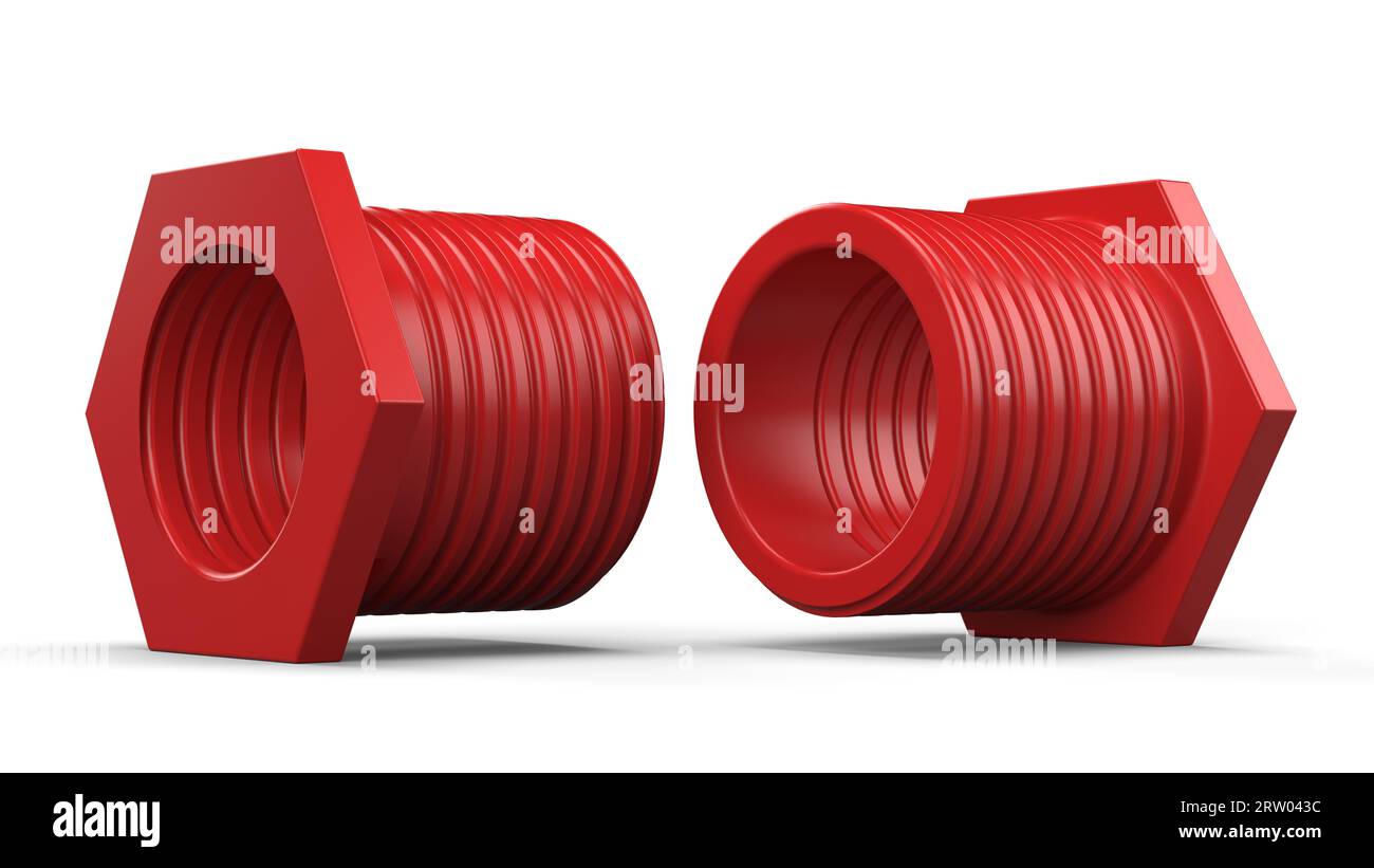 Paire de bagues rouges. Filetage interne et externe. Conception de pièces mécaniques. illustration de rendu 3d. Banque D'Images