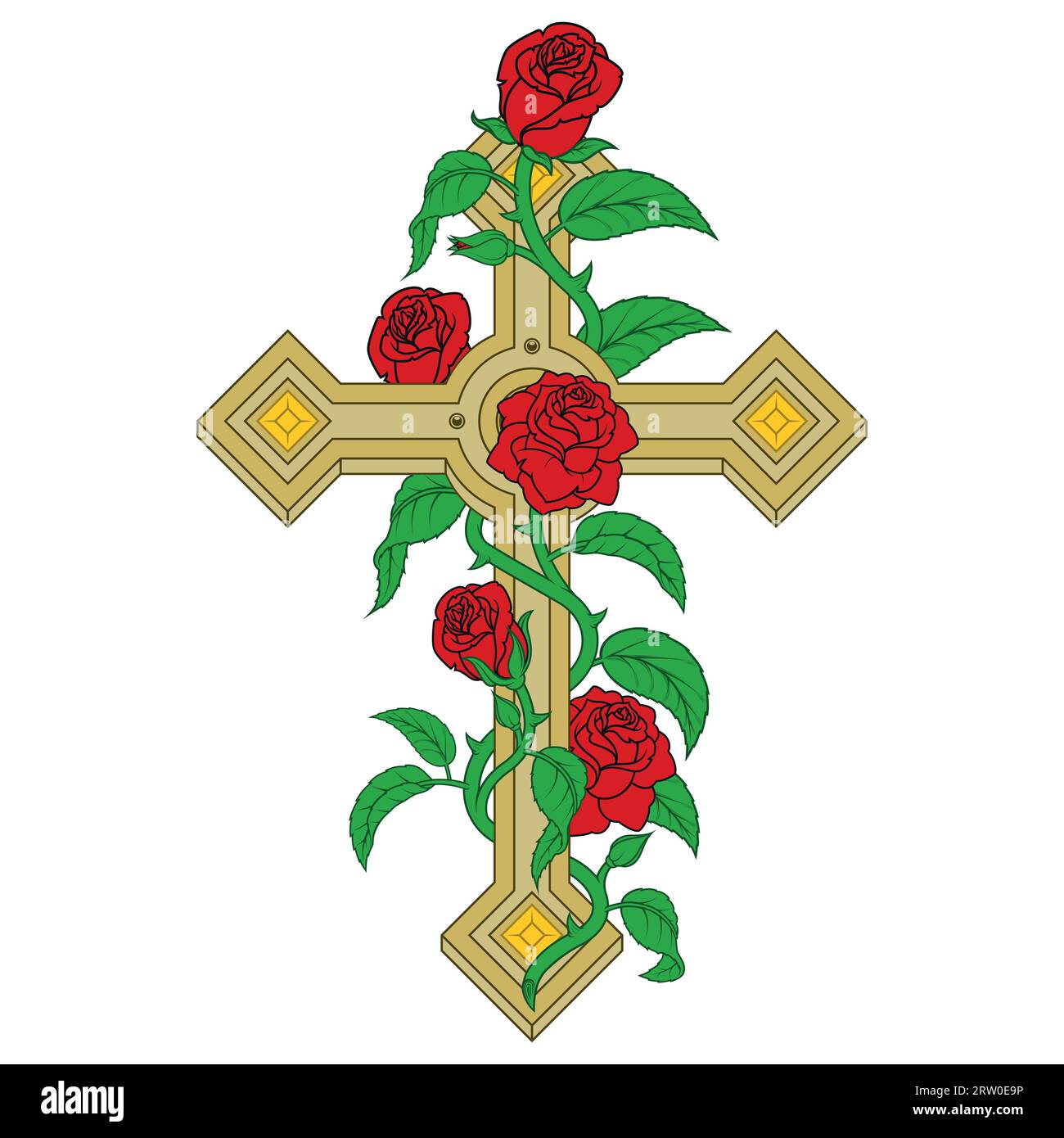 Vector design de croix chrétienne entourée de roses, symbole de la religion catholique, croix chrétienne avec des diamants et des pétales Illustration de Vecteur