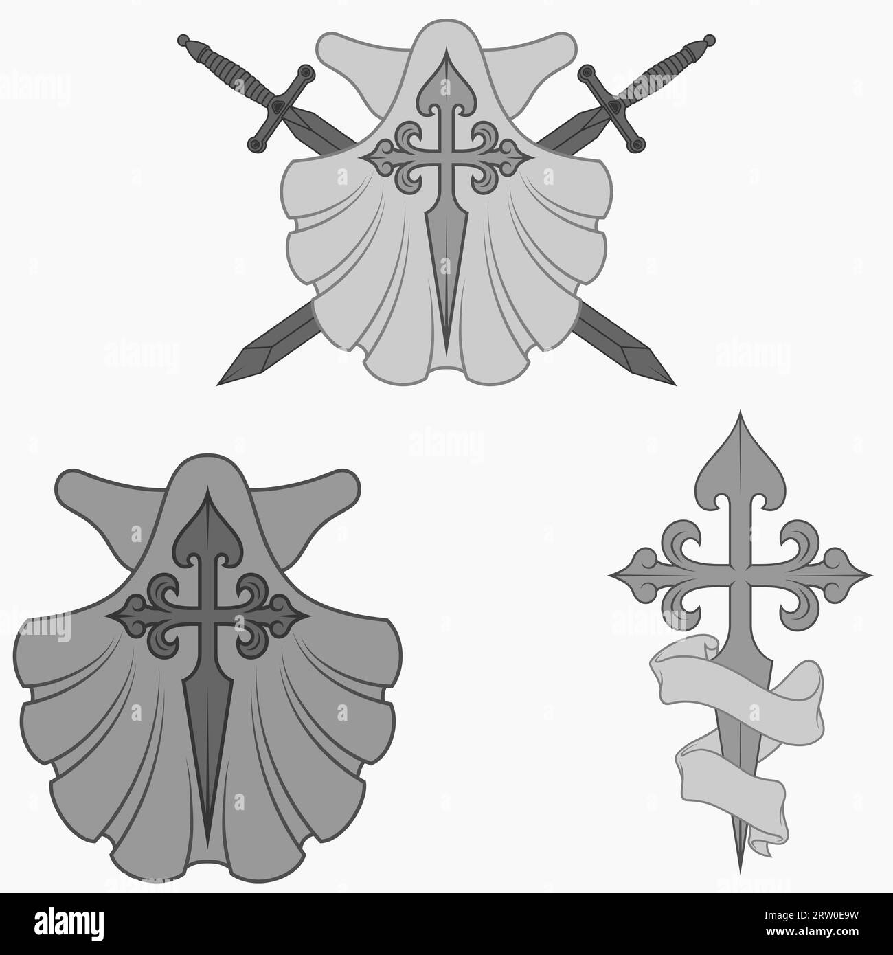 Conception vectorielle de symbologie chrétienne de l'apôtre santiago, santiago croix avec pétoncle, épée et ruban Illustration de Vecteur