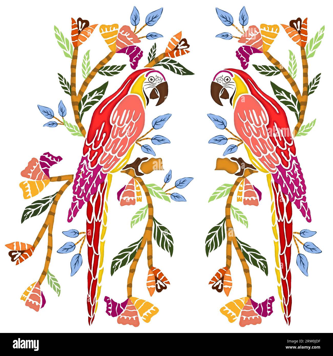 Tropical Macaw perroquet oiseau à gauche, sur la branche d'arbre de bois animal coloré isolé avec chemin de clipping, beau perroquet d'arbre, perroquet isolé sur le dos blanc Banque D'Images
